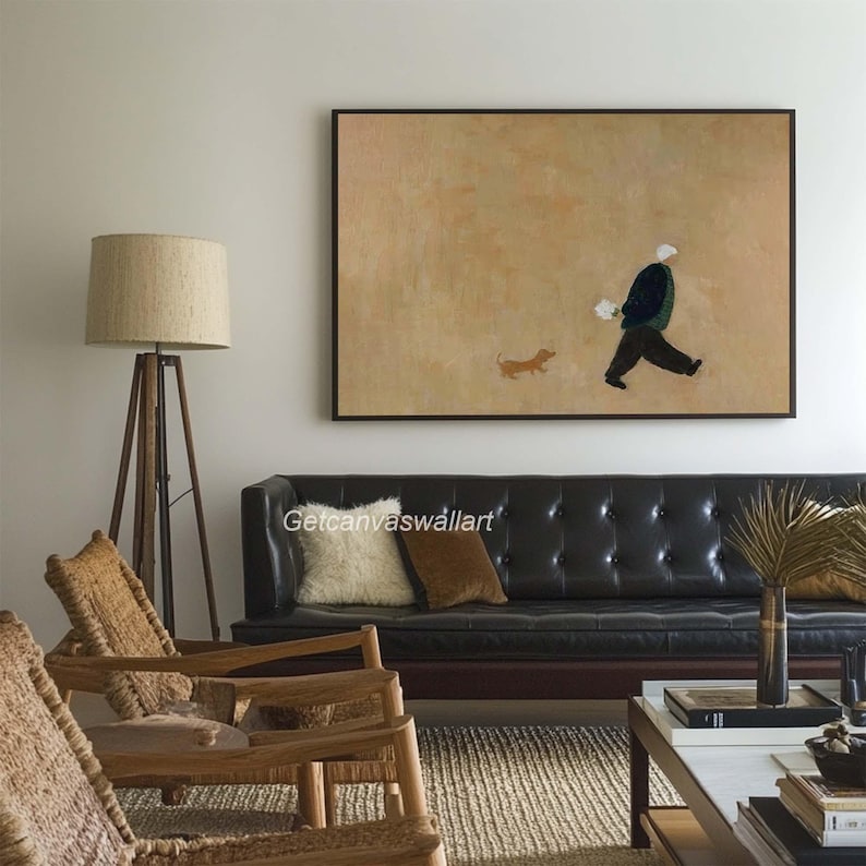 Minimalist Figure Walking Dog Wall Art – Hand-Painted Contemporary Canvas for Modern Interiors