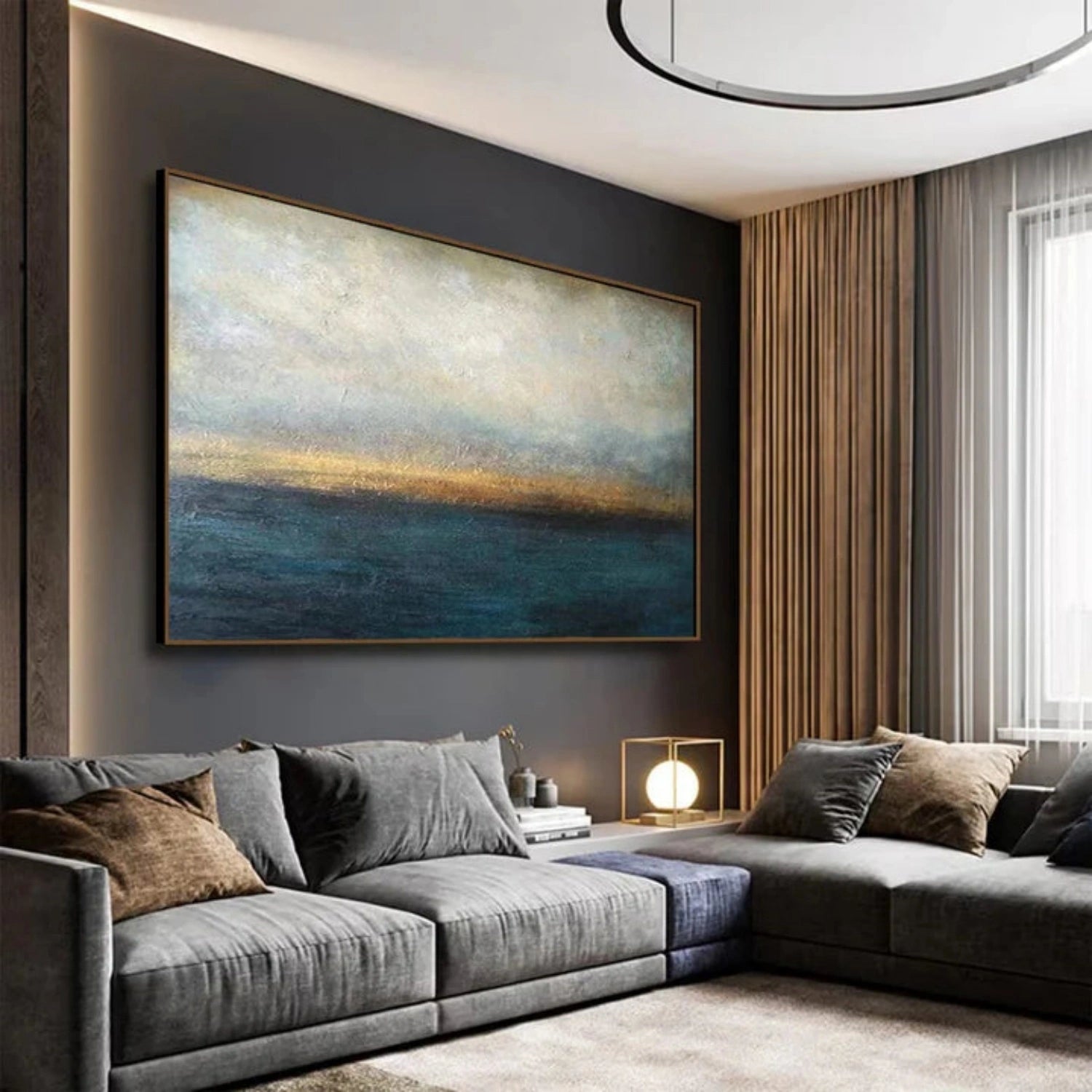 Golden Horizon – Hand-Painted Abstract Seascape Canvas Art