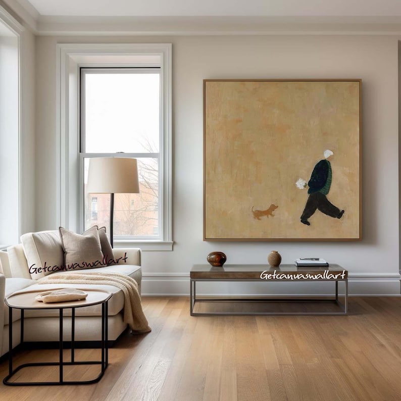Minimalist Figure Walking Dog Wall Art – Hand-Painted Contemporary Canvas for Modern Interiors
