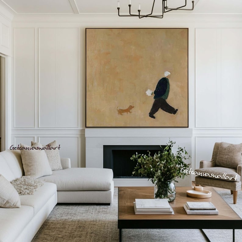Minimalist Figure Walking Dog Wall Art – Hand-Painted Contemporary Canvas for Modern Interiors
