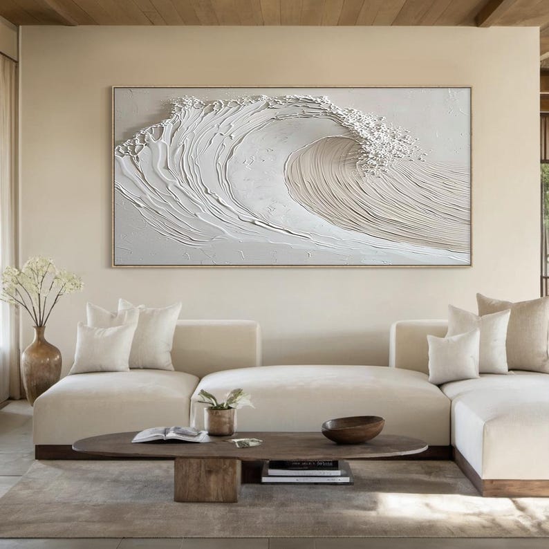 Tidal Whisper – Minimalist Textured Wave Oil Painting