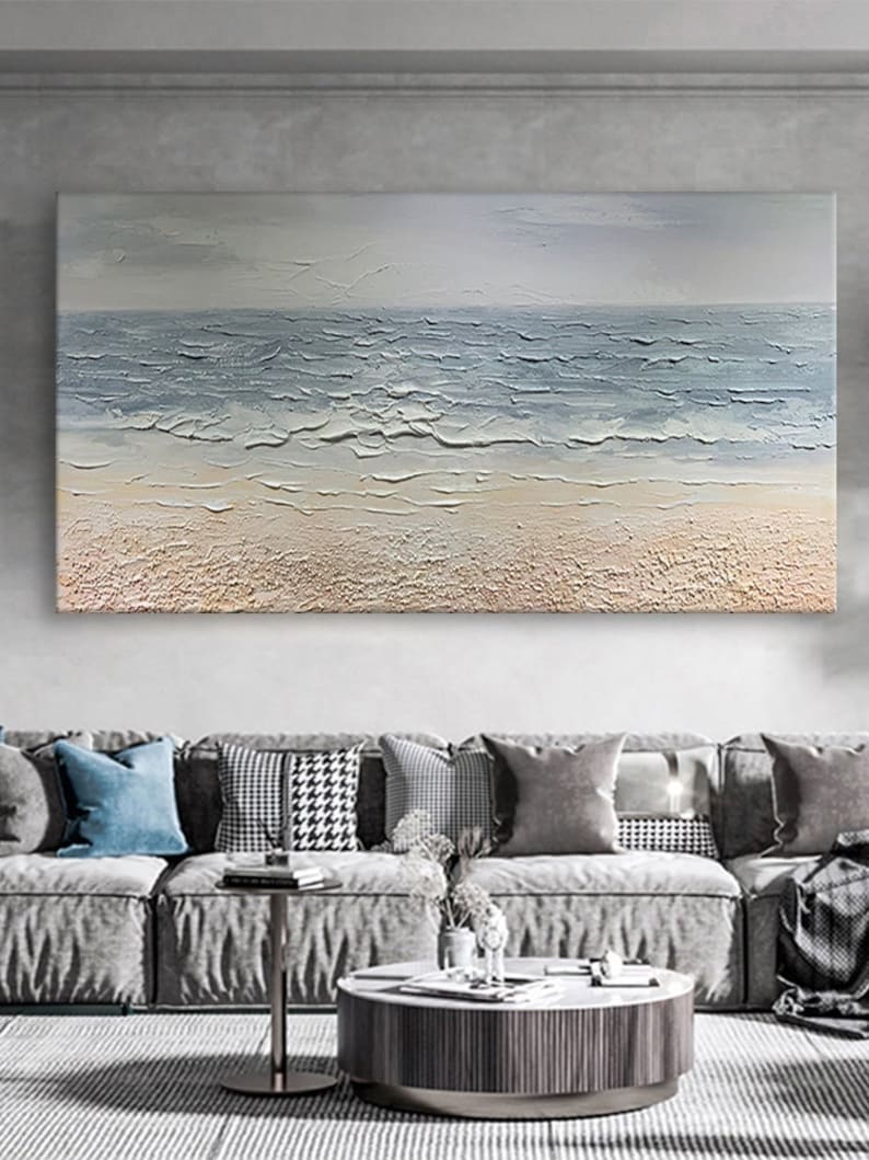 Serene Coastal Horizon Textured Oil Painting, Neutral Beach Wall Art
