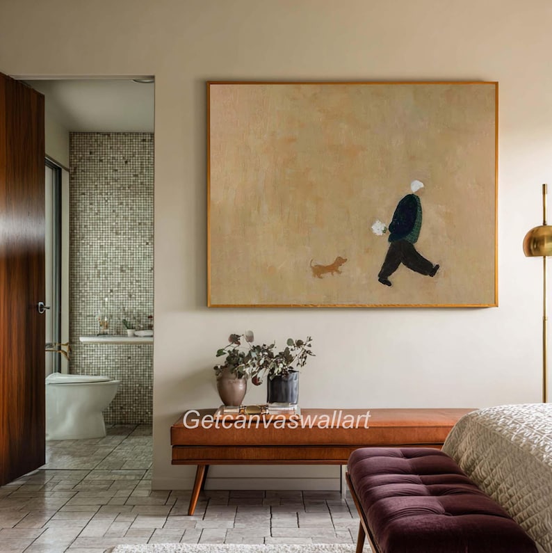 Minimalist Figure Walking Dog Wall Art – Hand-Painted Contemporary Canvas for Modern Interiors