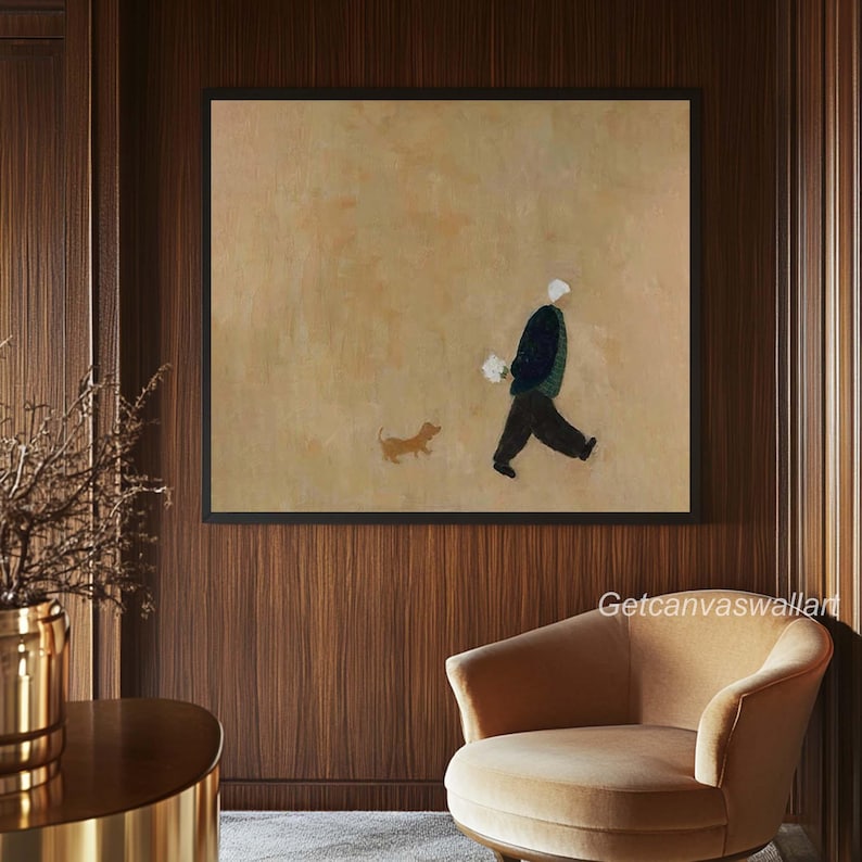 Minimalist Figure Walking Dog Wall Art – Hand-Painted Contemporary Canvas for Modern Interiors
