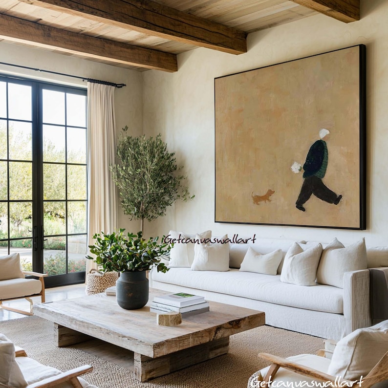 Minimalist Figure Walking Dog Wall Art – Hand-Painted Contemporary Canvas for Modern Interiors