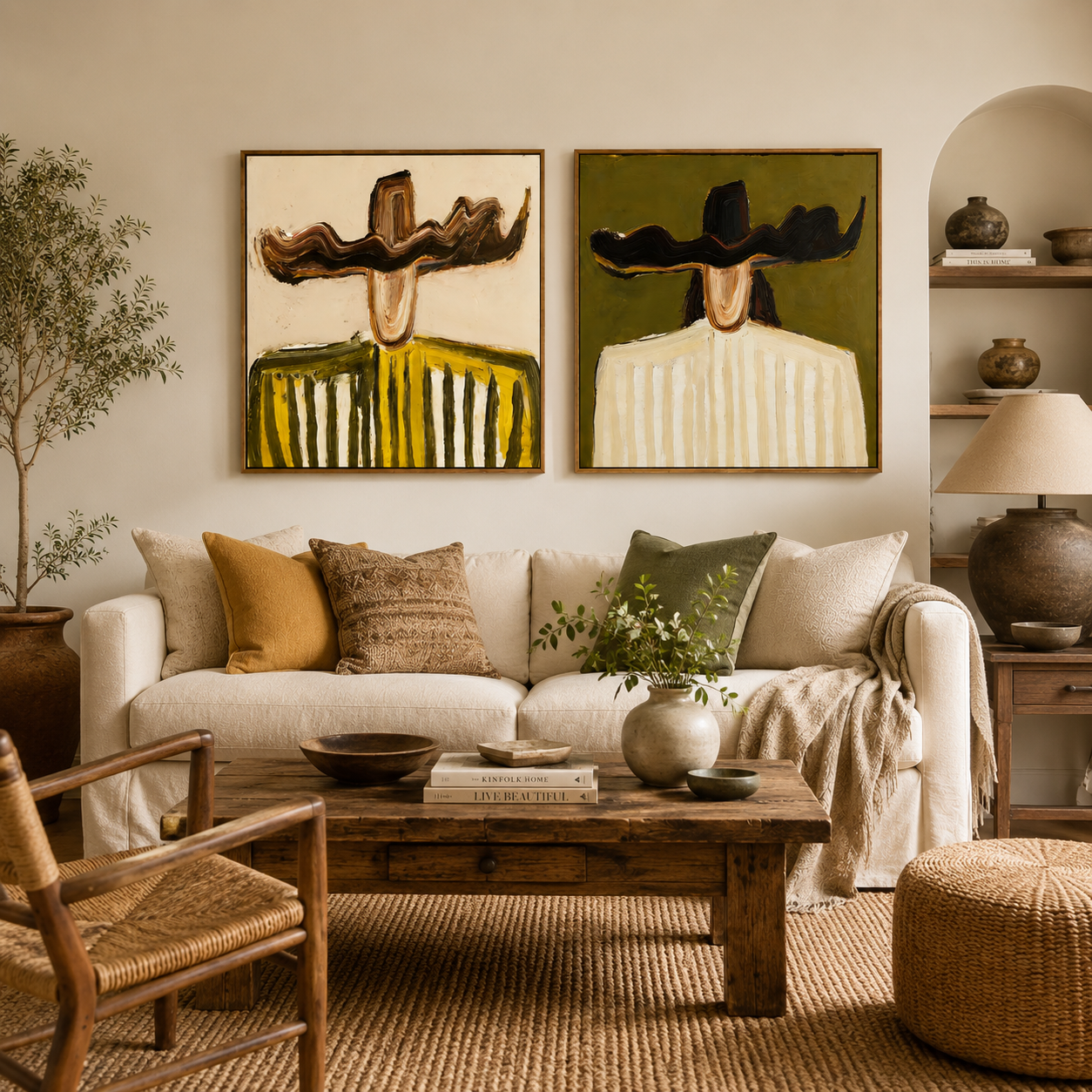 Together in Contrast – Abstract Companion Canvas Wall Art Set, Modern Neutral Figurative Painting for Living Room Decor
