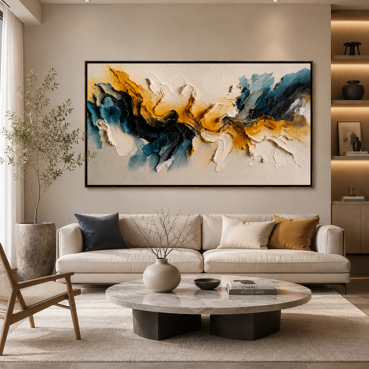 Harmony in Contrast – Luxury Abstract Canvas Wall Art, Gold & Blue Textured Painting for Modern Living Room Decor