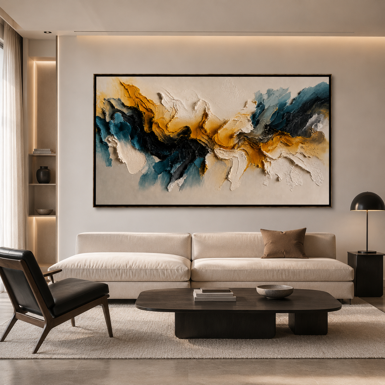 Harmony in Contrast – Luxury Abstract Canvas Wall Art, Gold & Blue Textured Painting for Modern Living Room Decor