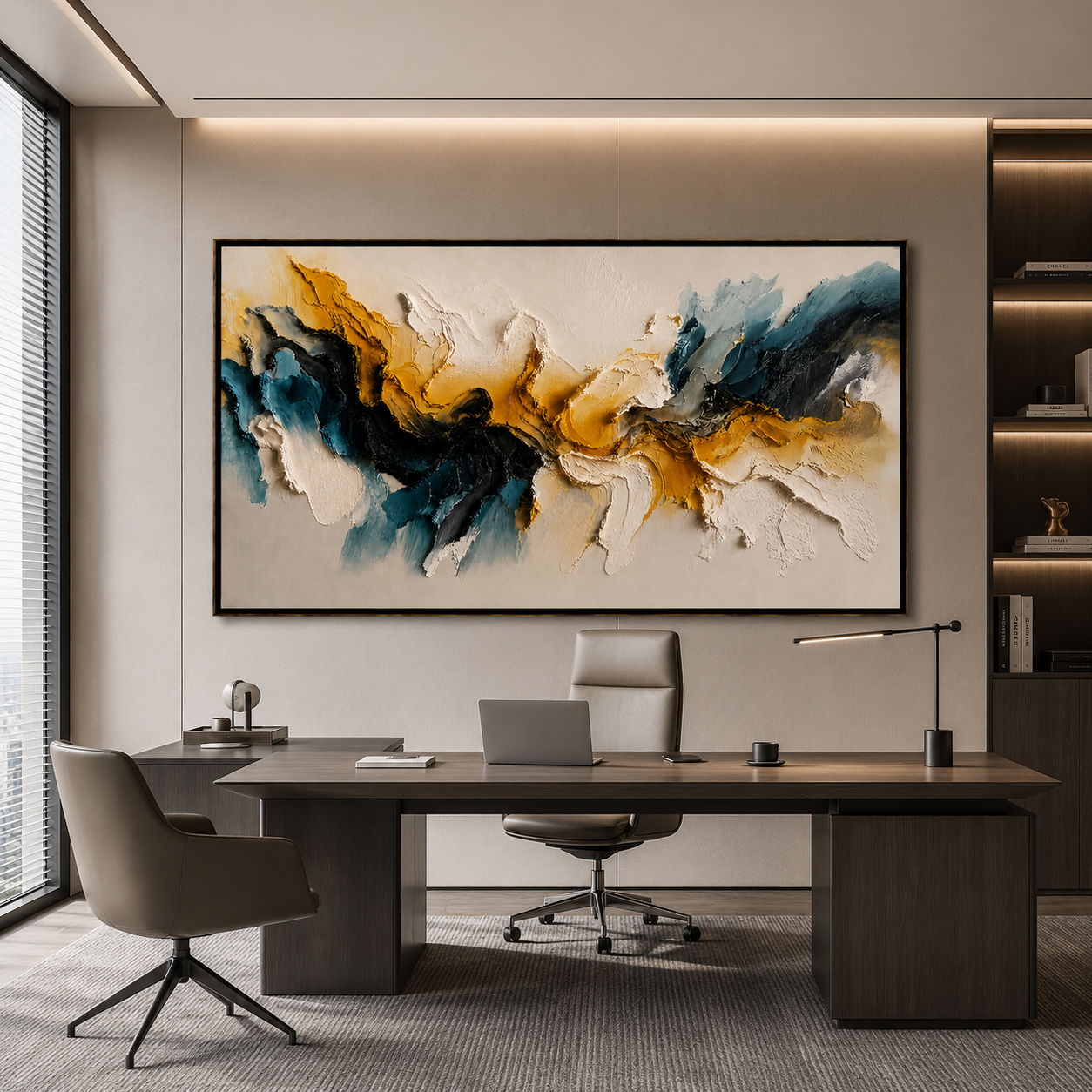 Harmony in Contrast – Luxury Abstract Canvas Wall Art, Gold & Blue Textured Painting for Modern Living Room Decor