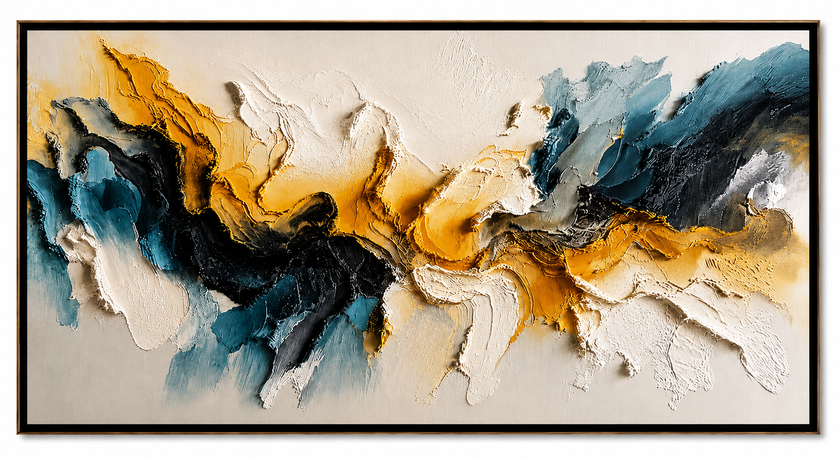 Harmony in Contrast – Luxury Abstract Canvas Wall Art, Gold & Blue Textured Painting for Modern Living Room Decor