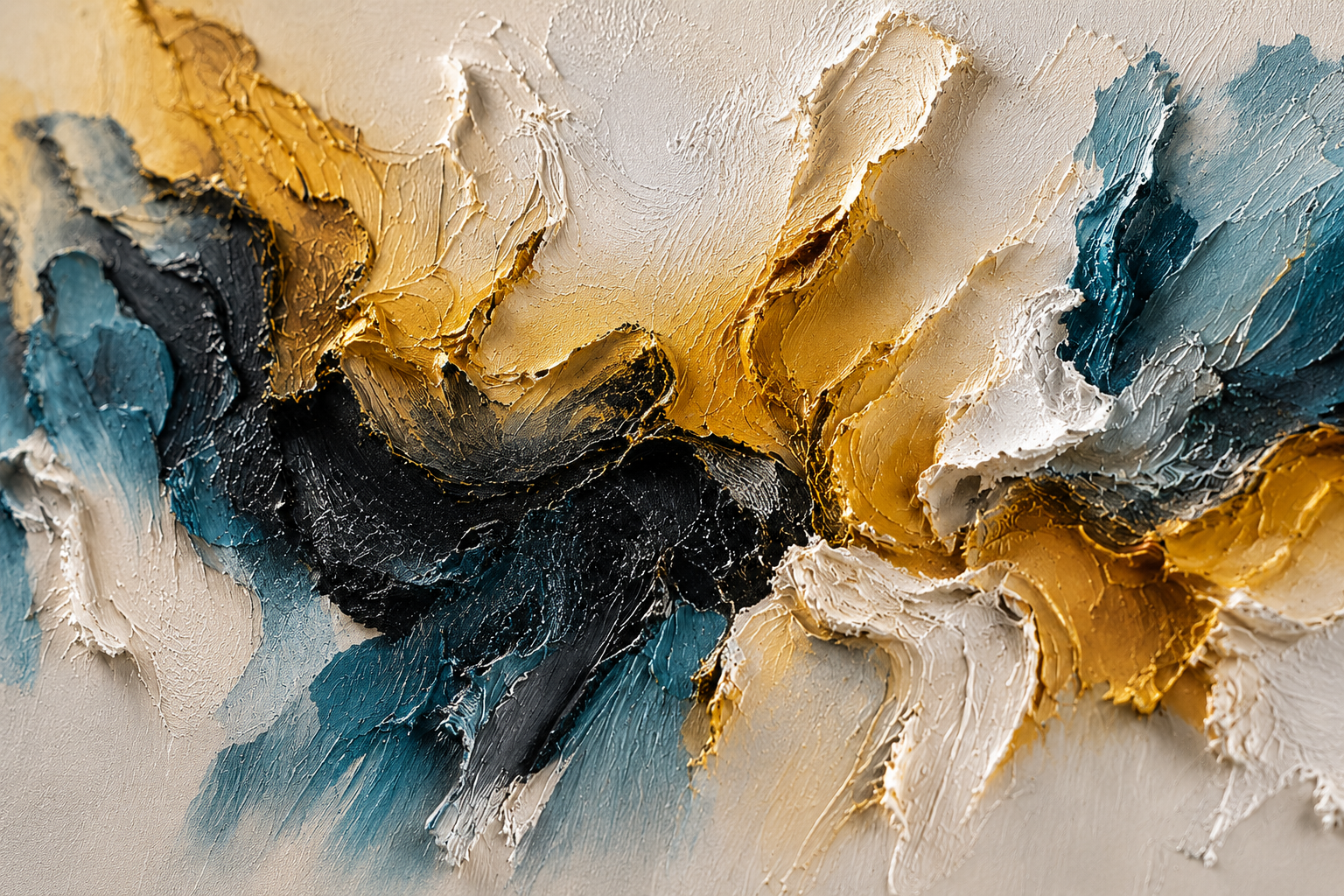 Harmony in Contrast – Luxury Abstract Canvas Wall Art, Gold & Blue Textured Painting for Modern Living Room Decor