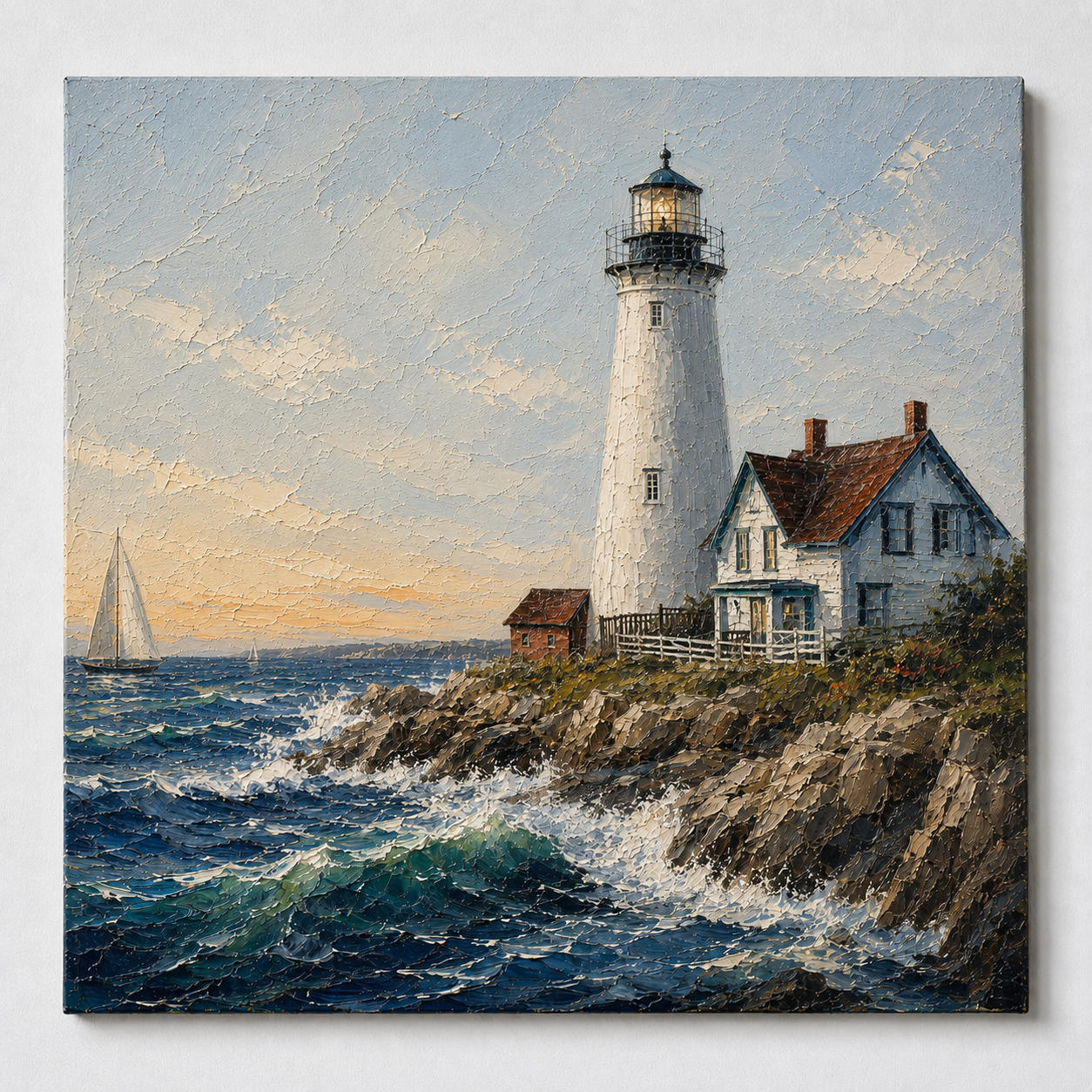 Beacon of Home – Coastal Lighthouse Canvas Wall Art, Nautical Seascape Painting for Beach House Decor