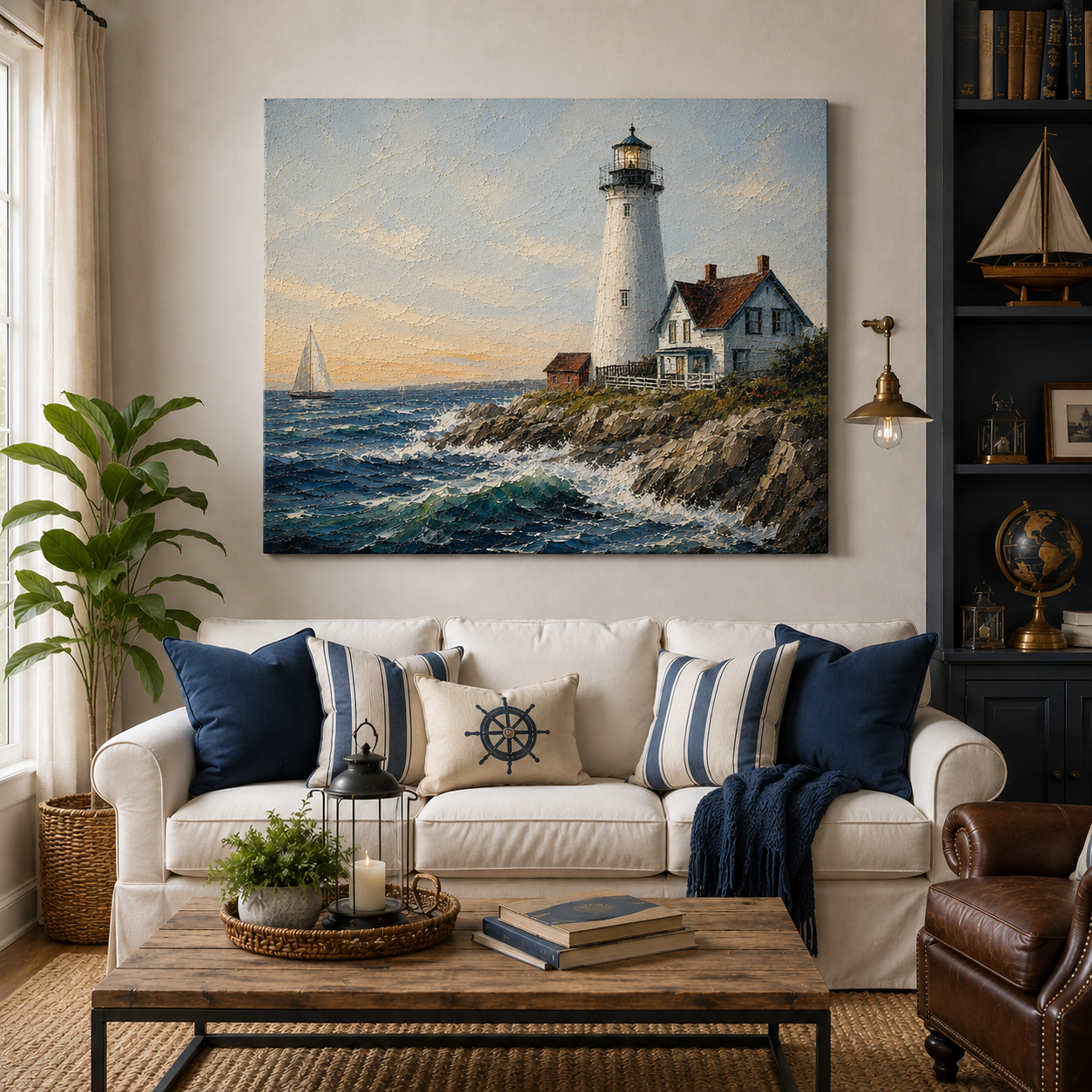 Beacon of Home – Coastal Lighthouse Canvas Wall Art, Nautical Seascape Painting for Beach House Decor