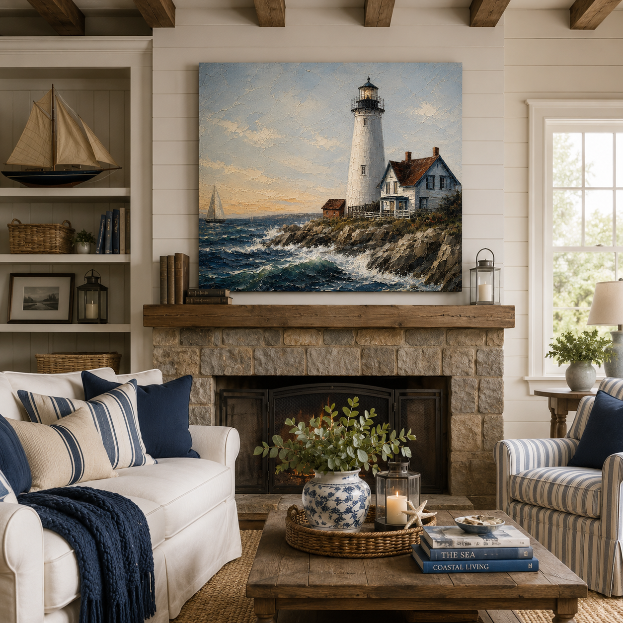 Beacon of Home – Coastal Lighthouse Canvas Wall Art, Nautical Seascape Painting for Beach House Decor