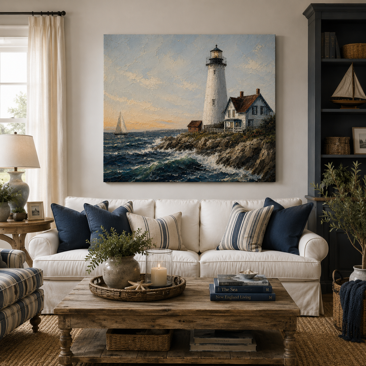 Beacon of Home – Coastal Lighthouse Canvas Wall Art, Nautical Seascape Painting for Beach House Decor