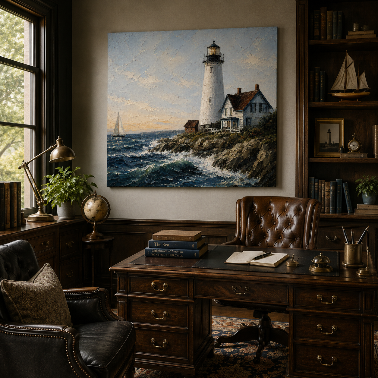 Beacon of Home – Coastal Lighthouse Canvas Wall Art, Nautical Seascape Painting for Beach House Decor