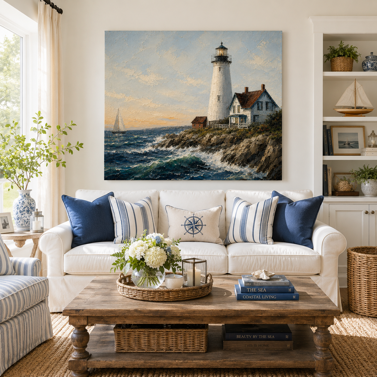 Beacon of Home – Coastal Lighthouse Canvas Wall Art, Nautical Seascape Painting for Beach House Decor