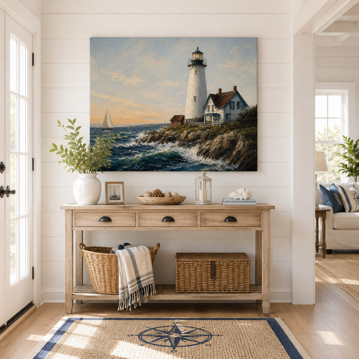 Beacon of Home – Coastal Lighthouse Canvas Wall Art, Nautical Seascape Painting for Beach House Decor