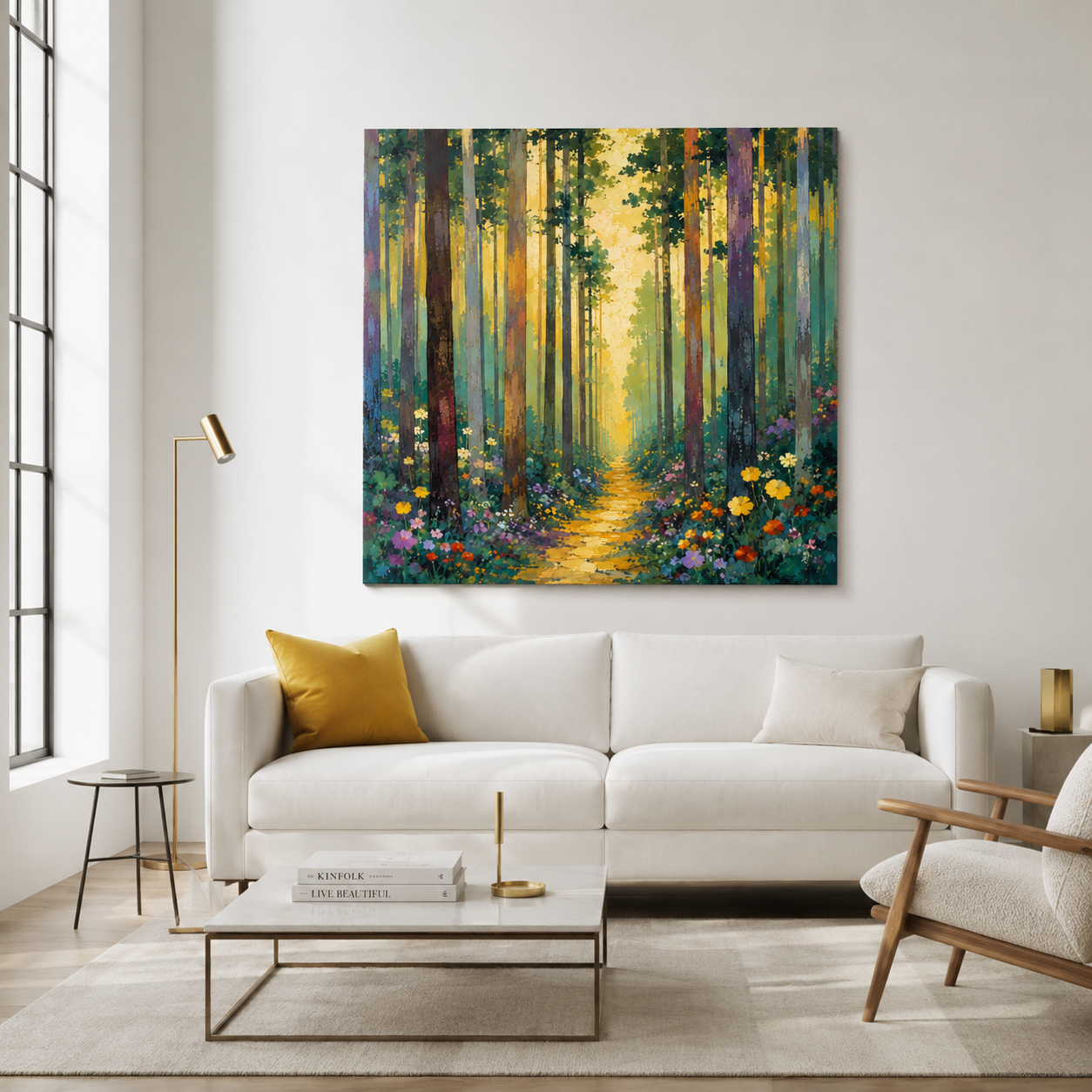 Path to Wonder – Enchanted Forest Canvas Wall Art, Floral Woodland Painting for Living Room Decor
