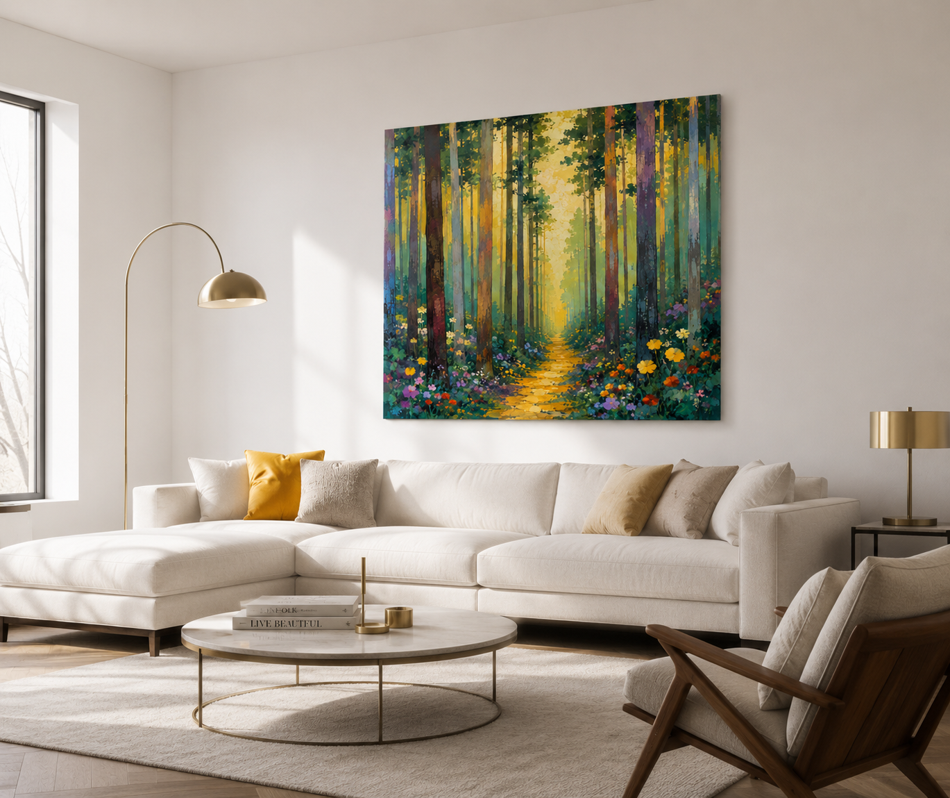 Path to Wonder – Enchanted Forest Canvas Wall Art, Floral Woodland Painting for Living Room Decor