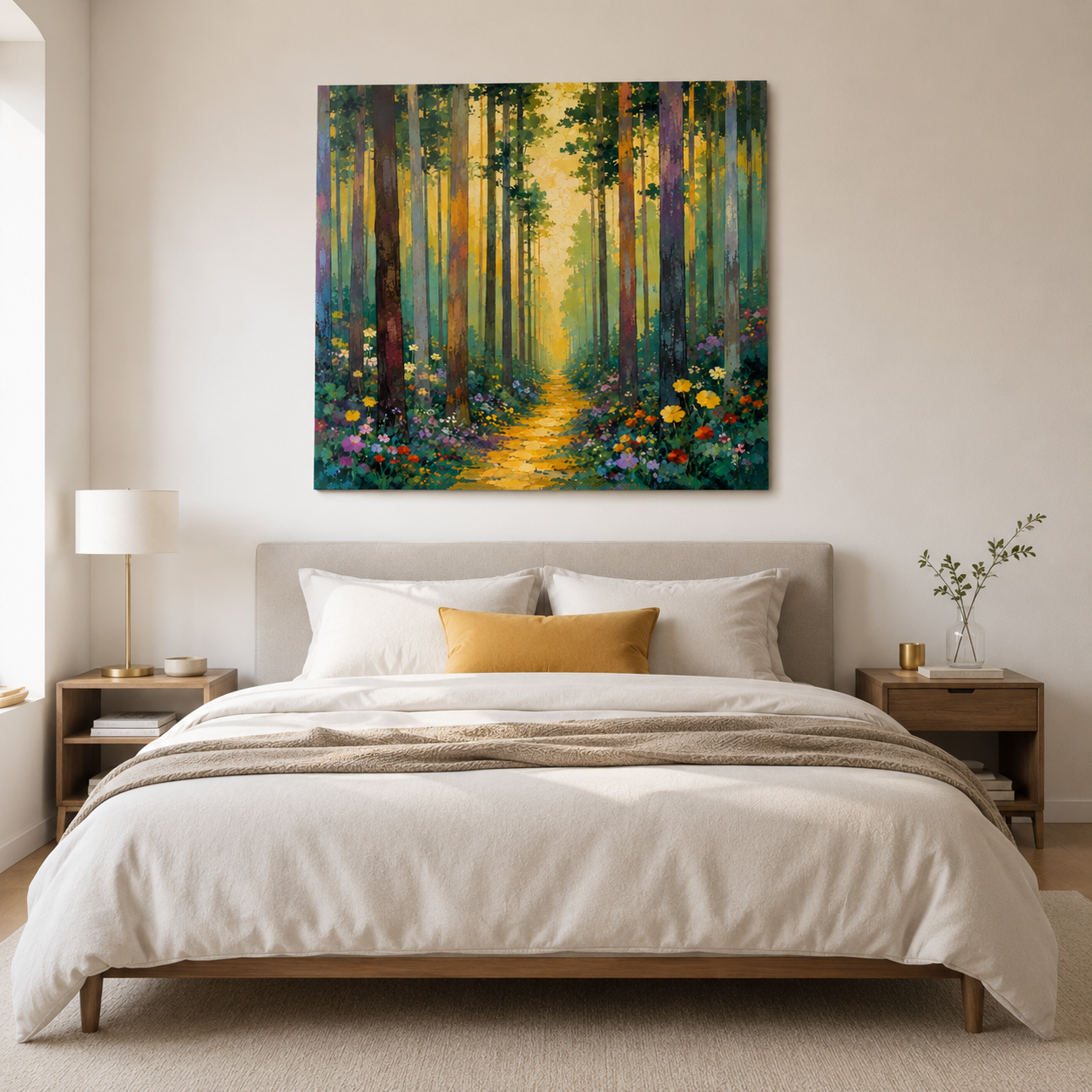 Path to Wonder – Enchanted Forest Canvas Wall Art, Floral Woodland Painting for Living Room Decor