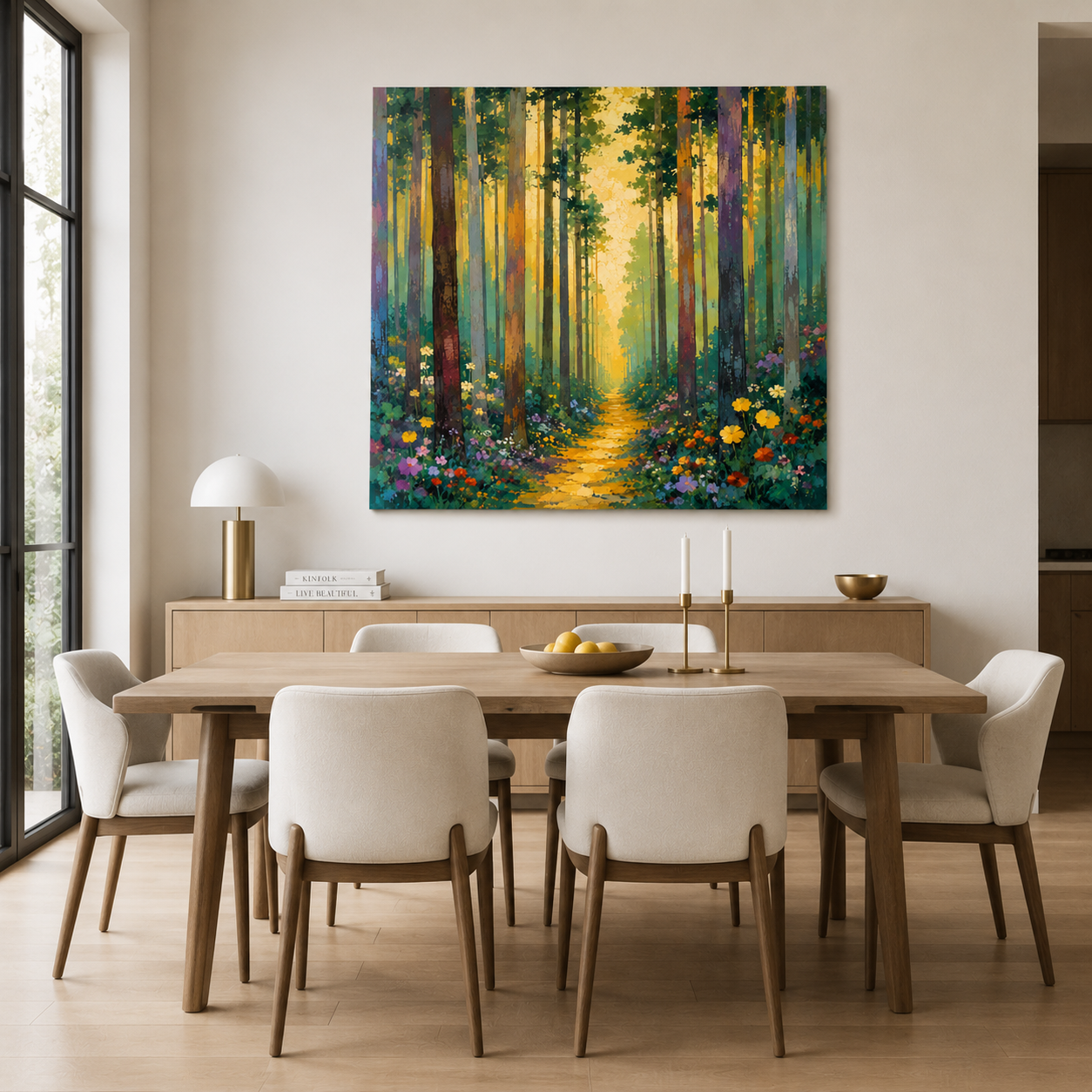 Path to Wonder – Enchanted Forest Canvas Wall Art, Floral Woodland Painting for Living Room Decor