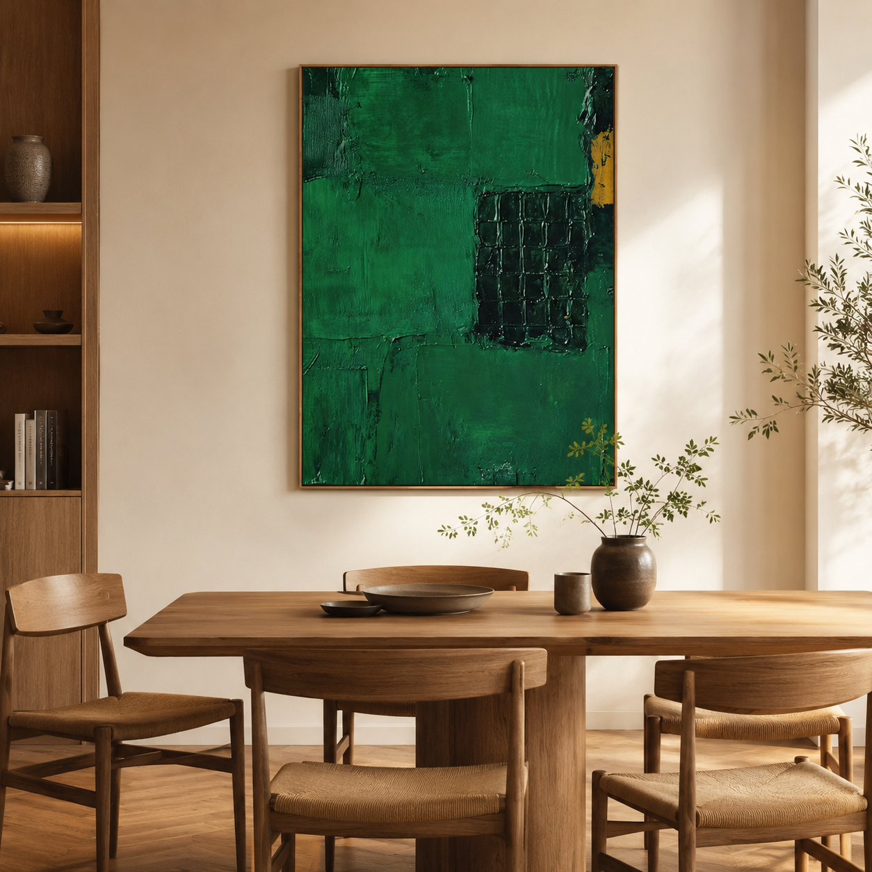Emerald Balance – Hand-Painted Green Abstract Oil Painting on Canvas