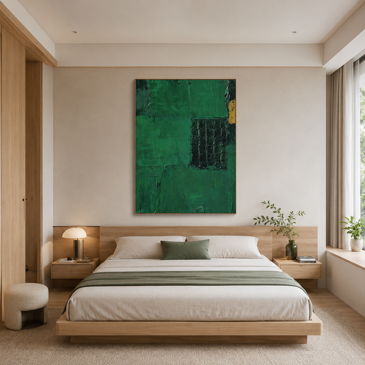 Emerald Balance – Hand-Painted Green Abstract Oil Painting on Canvas