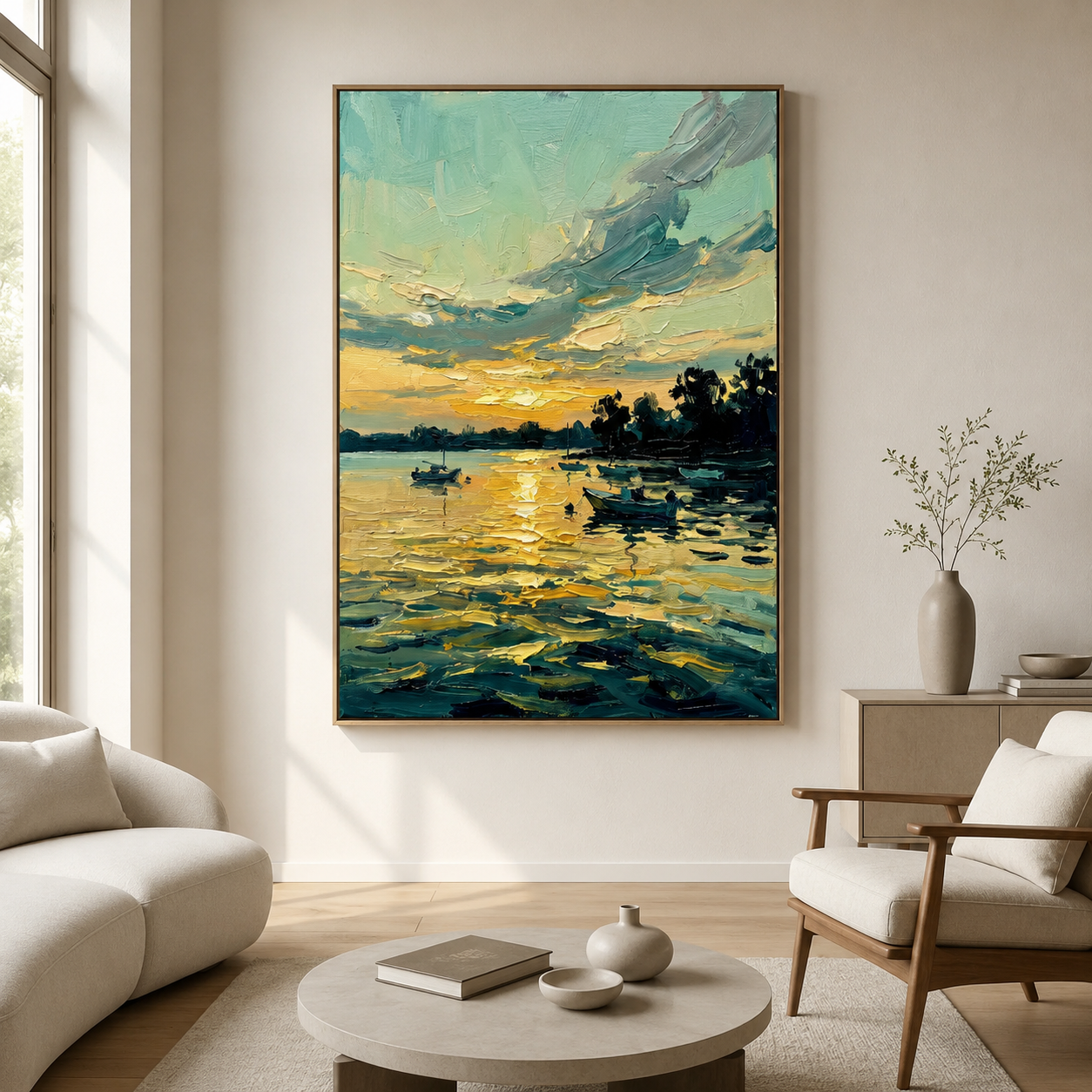 Golden Harbor Glow – Hand-Painted Coastal Sunset Oil Painting