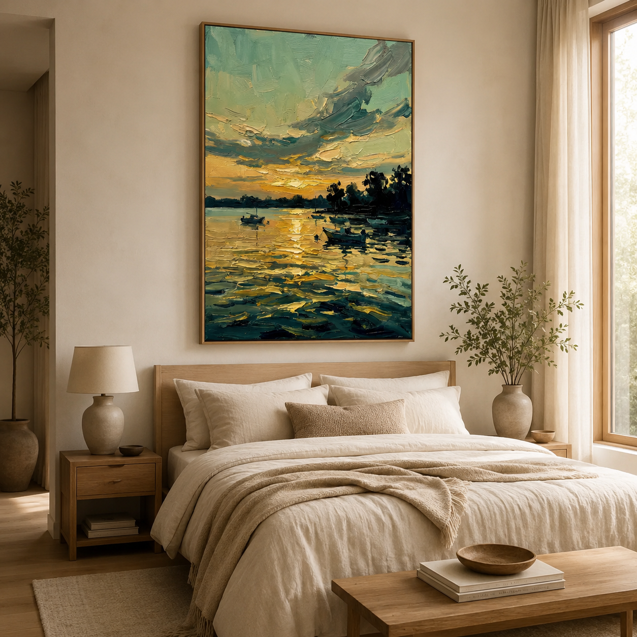 Golden Harbor Glow – Hand-Painted Coastal Sunset Oil Painting