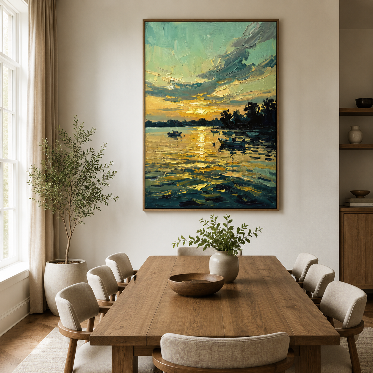 Golden Harbor Glow – Hand-Painted Coastal Sunset Oil Painting