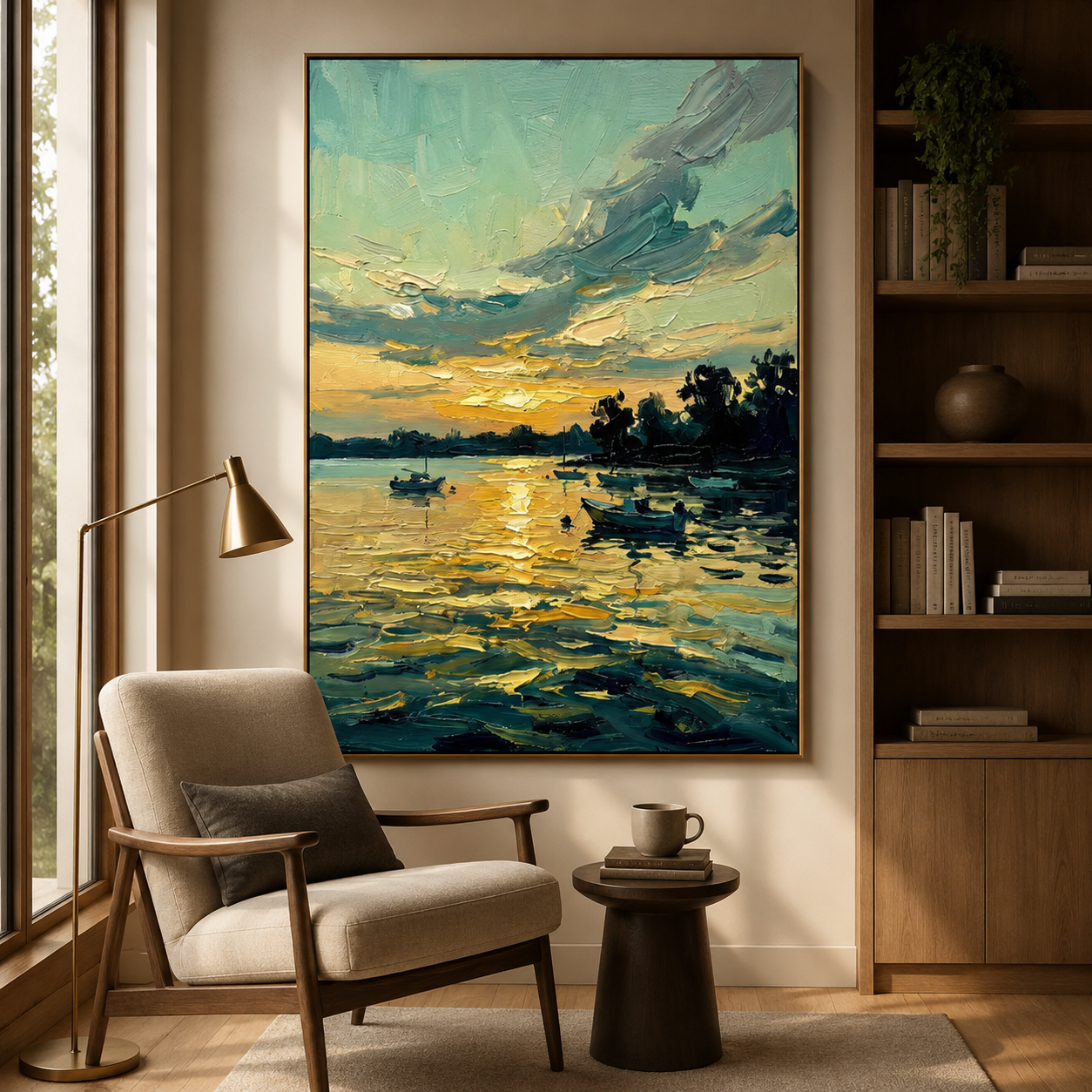 Golden Harbor Glow – Hand-Painted Coastal Sunset Oil Painting