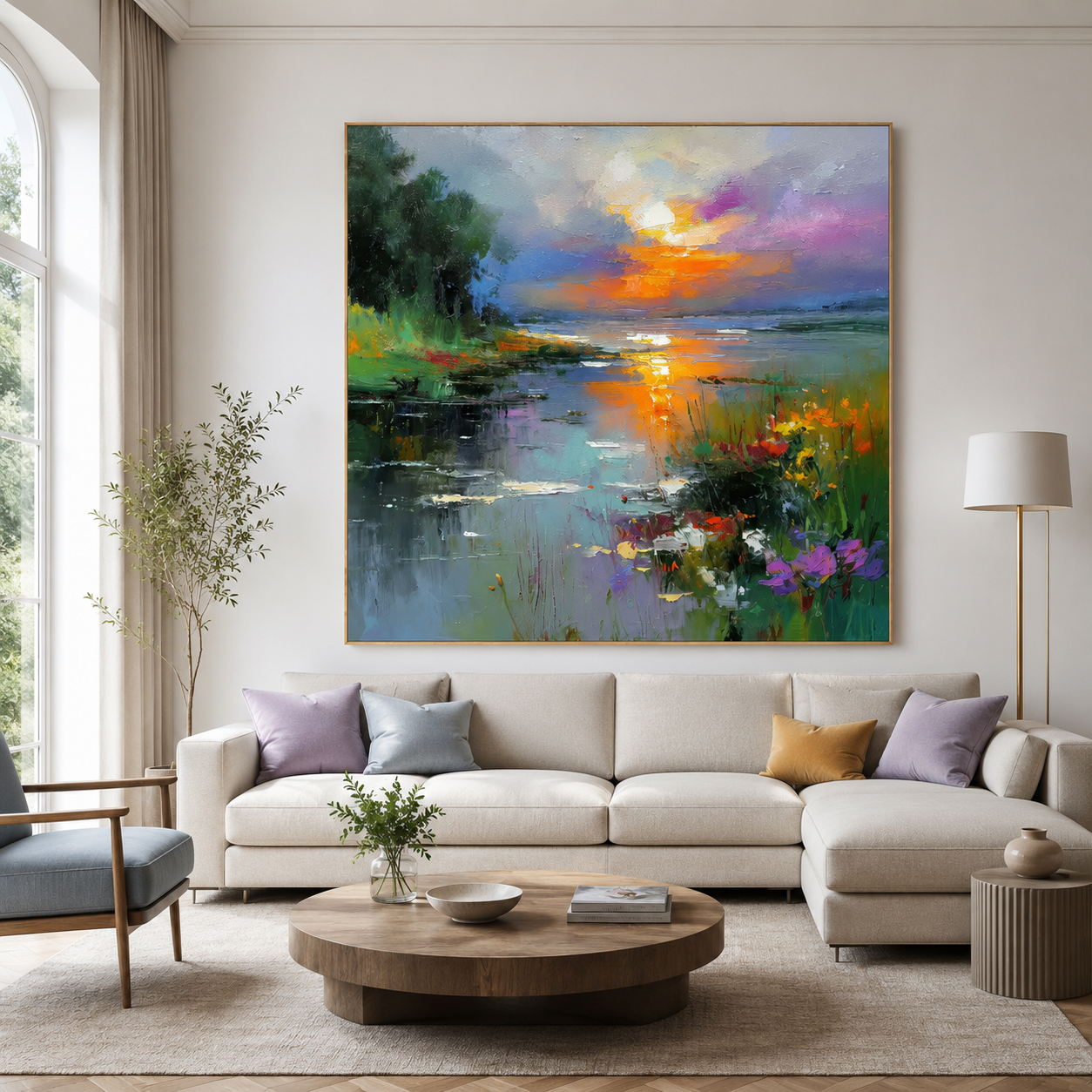 Impasto Sunset Oil Painting, Textured Lake Landscape Art | Where Light Meets Water
