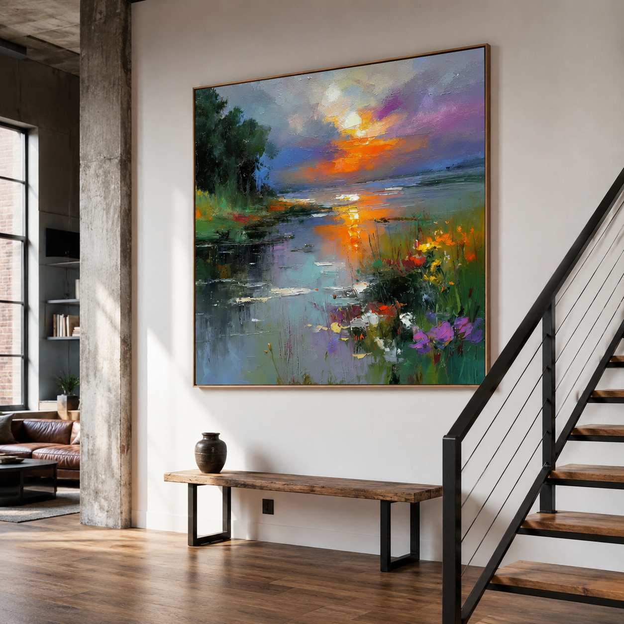 Impasto Sunset Oil Painting, Textured Lake Landscape Art | Where Light Meets Water