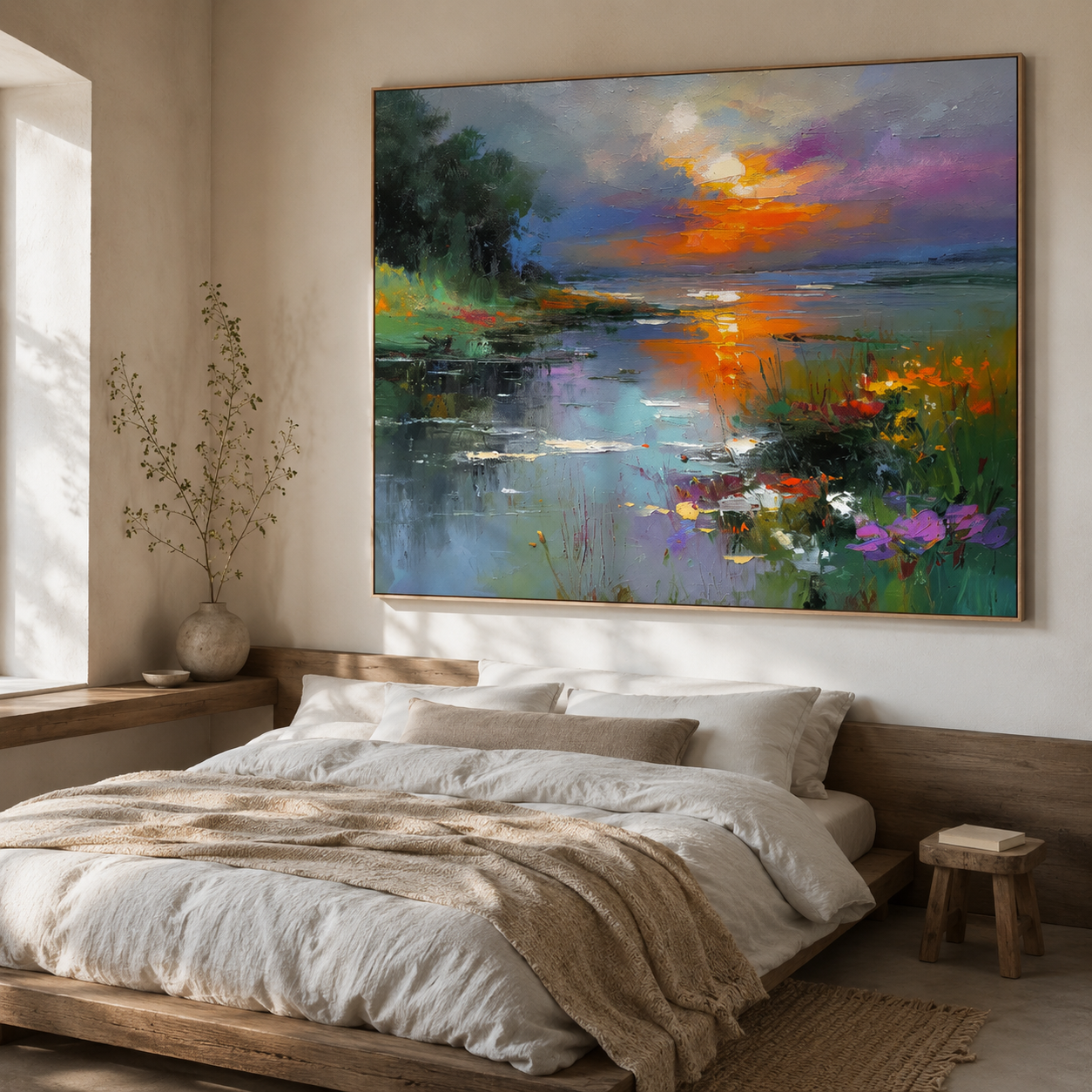 Impasto Sunset Oil Painting, Textured Lake Landscape Art | Where Light Meets Water