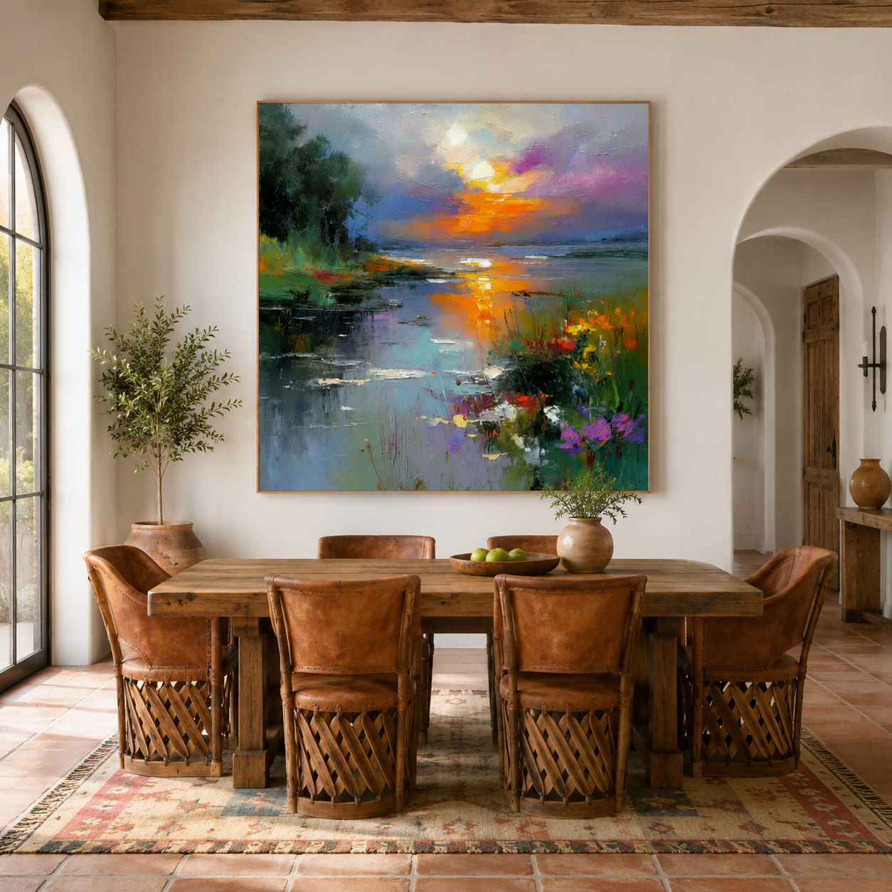 Impasto Sunset Oil Painting, Textured Lake Landscape Art | Where Light Meets Water