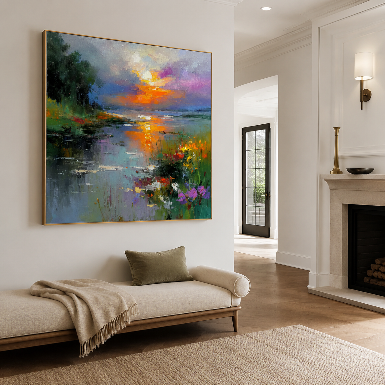Impasto Sunset Oil Painting, Textured Lake Landscape Art | Where Light Meets Water