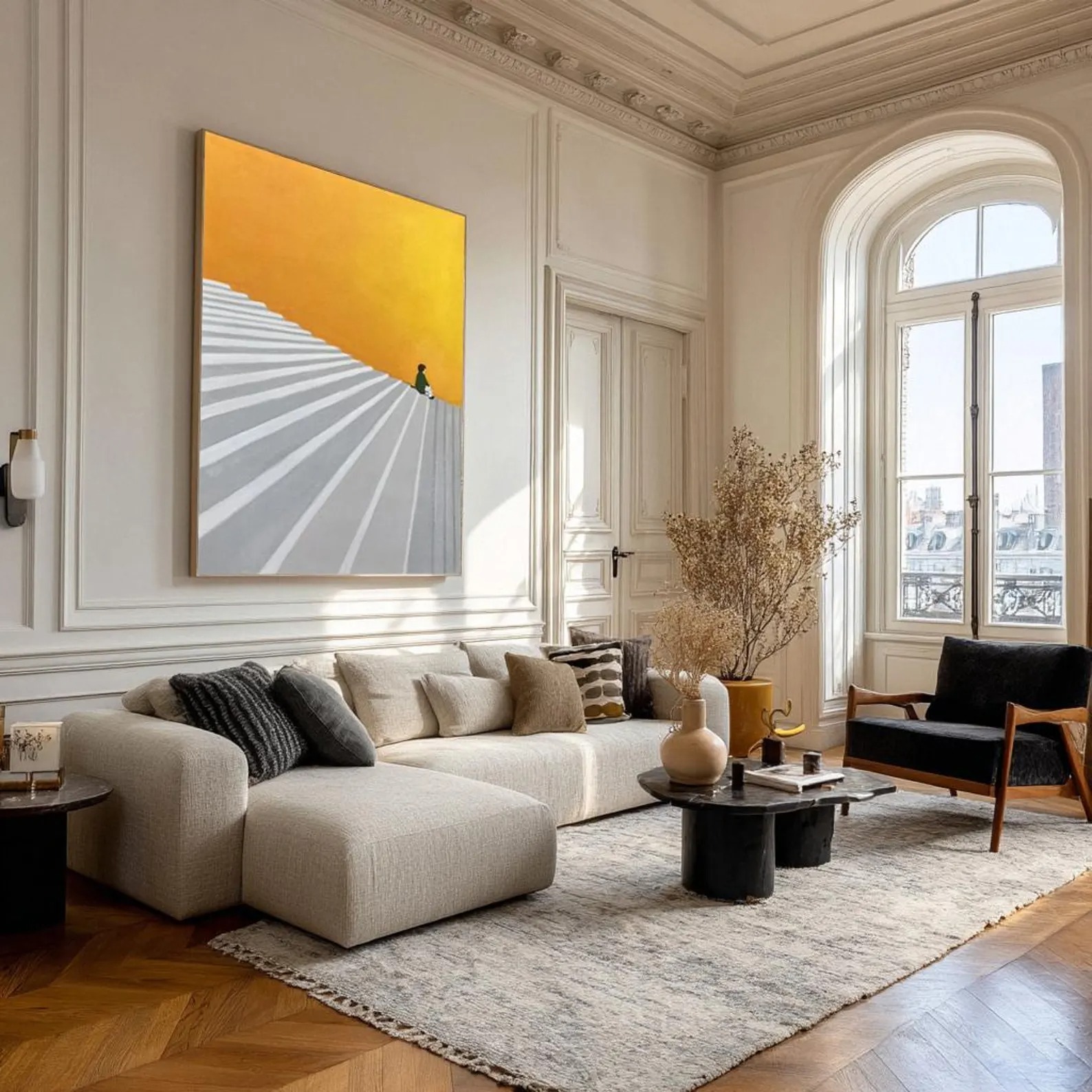 Steps Toward Light - Minimalist Abstract Stair Painting Yellow Modern Wall Art with Figure