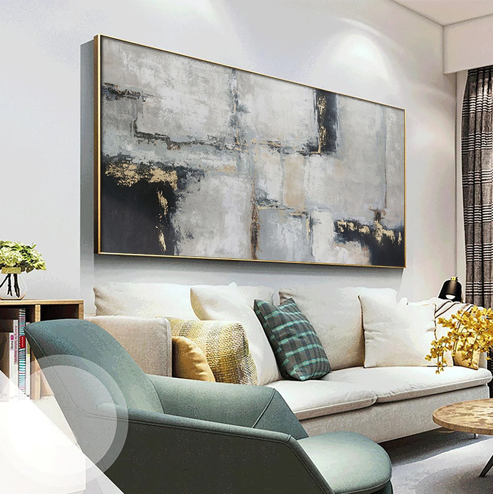 Structured Silence - Modern Black and Gold Abstract Painting Large Textured Wall Art