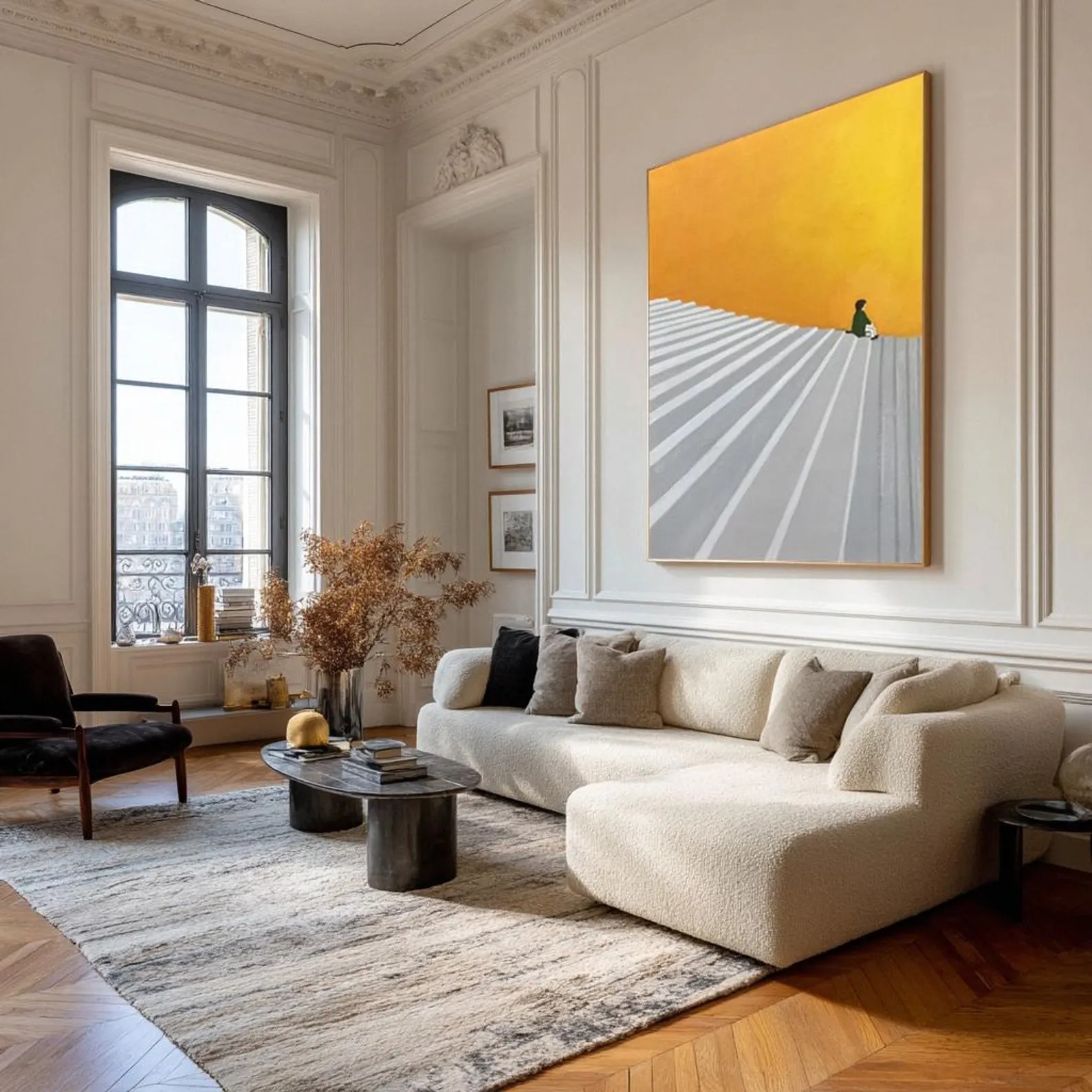 Steps Toward Light - Minimalist Abstract Stair Painting Yellow Modern Wall Art with Figure