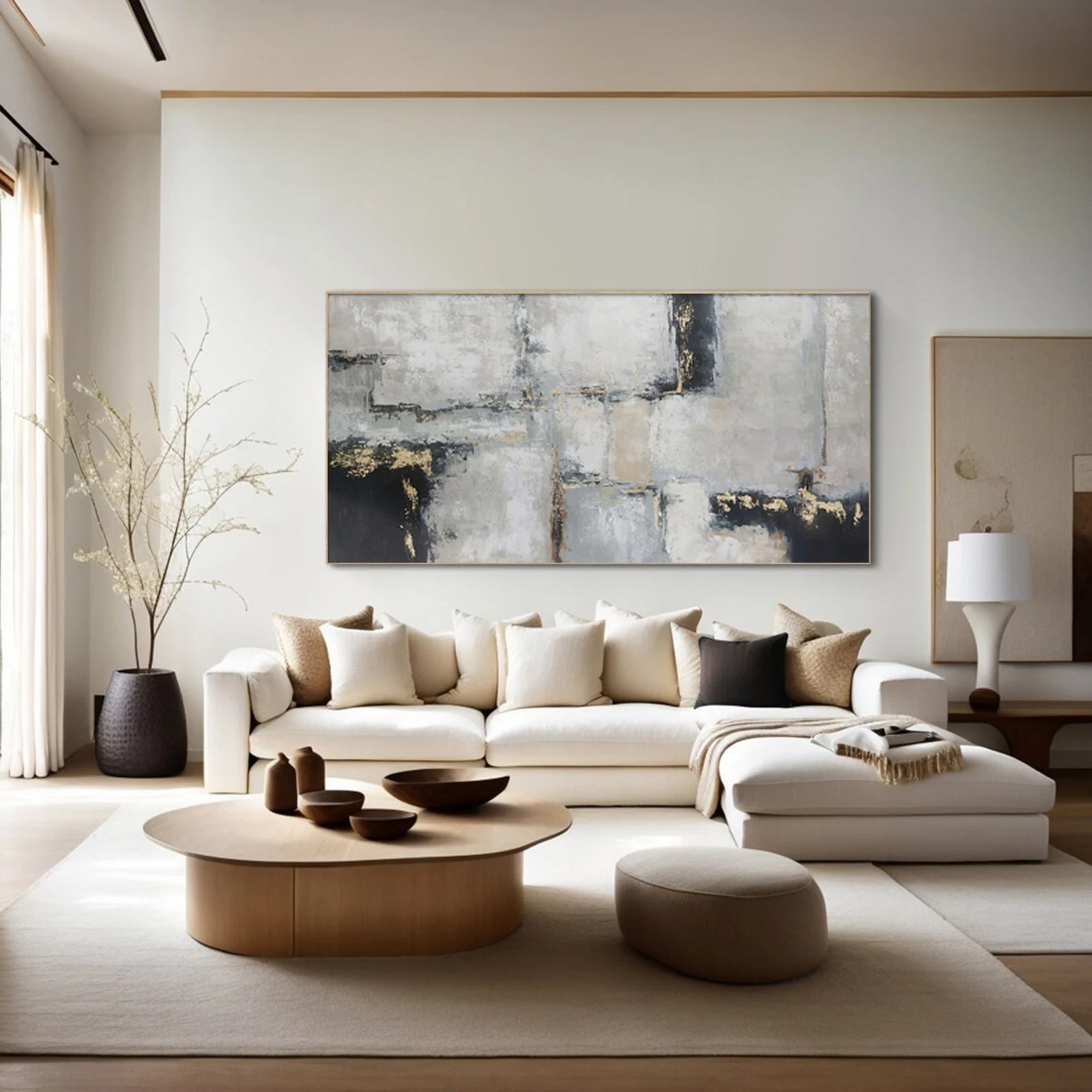 Structured Silence - Modern Black and Gold Abstract Painting Large Textured Wall Art