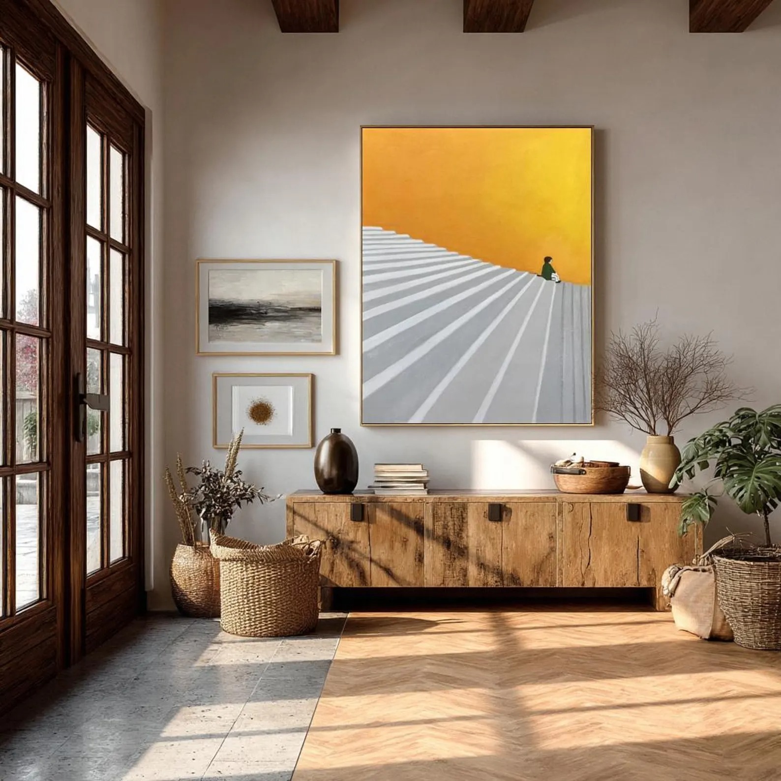 Steps Toward Light - Minimalist Abstract Stair Painting Yellow Modern Wall Art with Figure