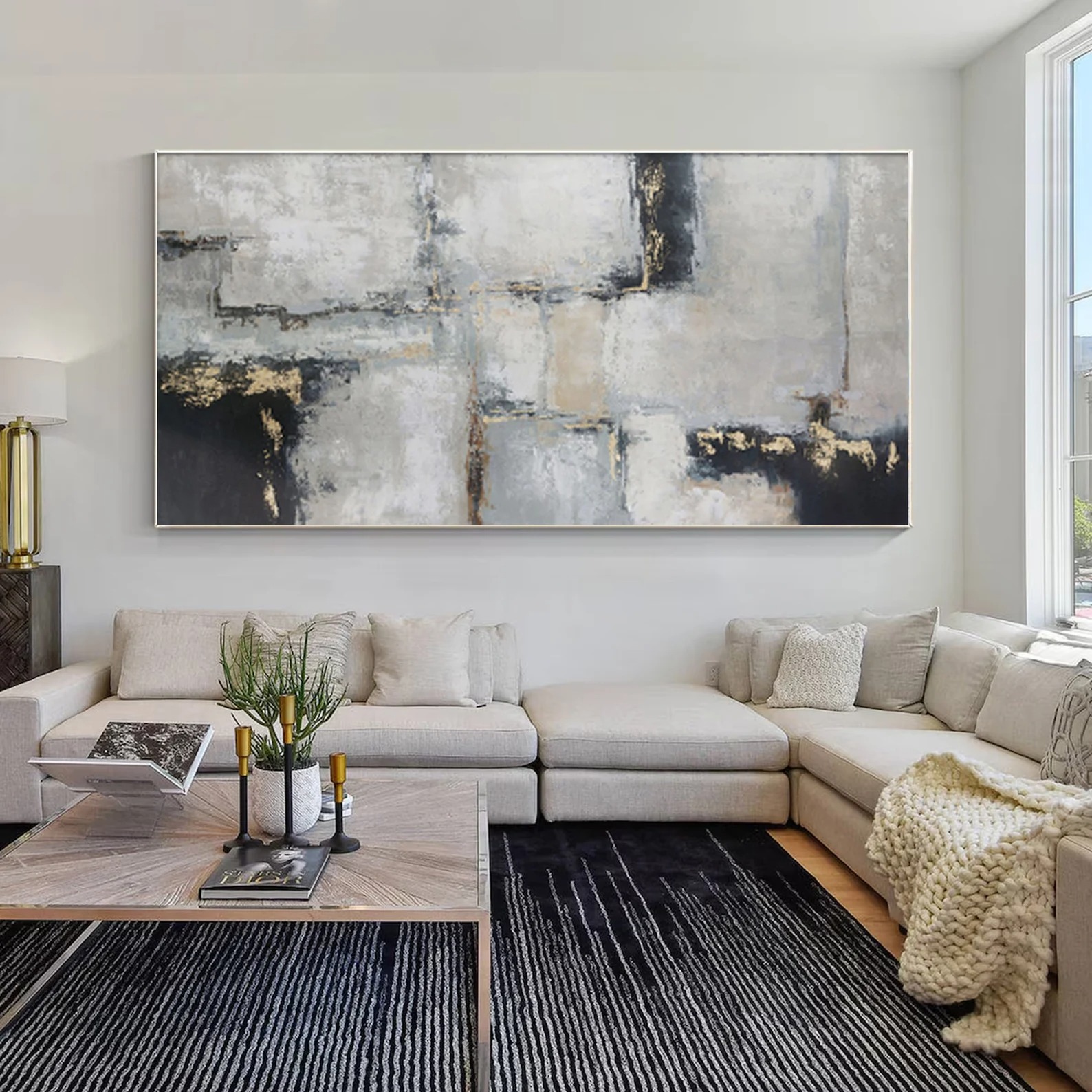 Structured Silence - Modern Black and Gold Abstract Painting Large Textured Wall Art