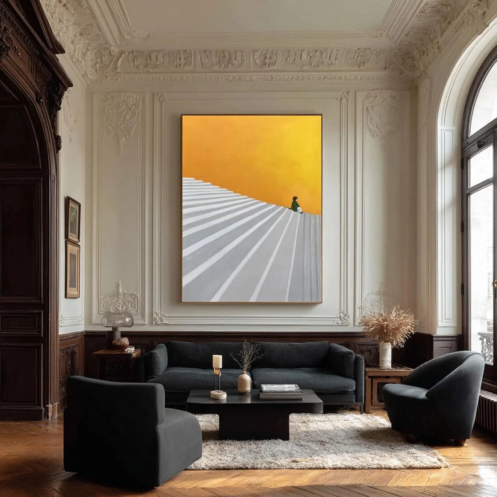 Steps Toward Light - Minimalist Abstract Stair Painting Yellow Modern Wall Art with Figure