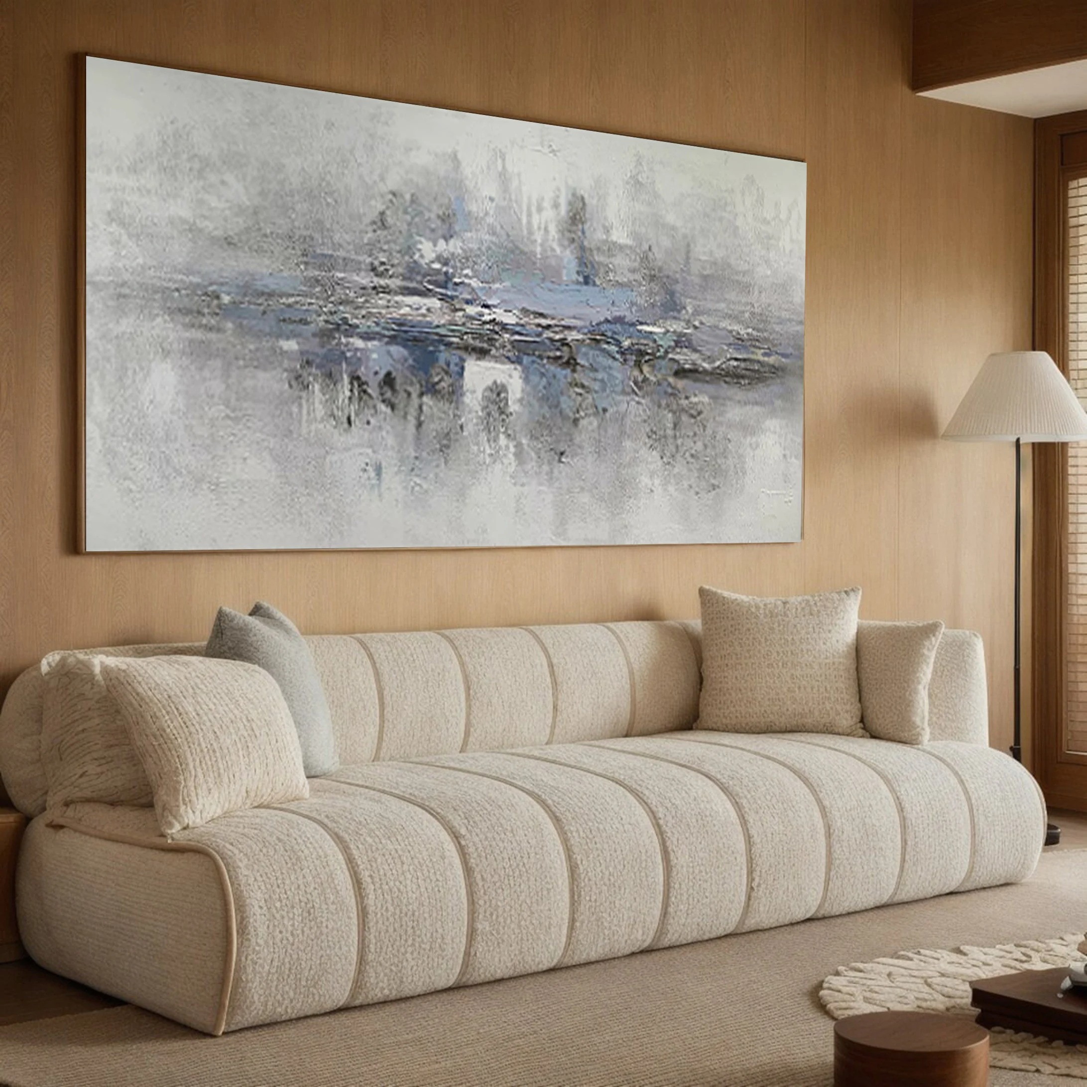 Echoes in Mist - Minimalist Abstract Blue Gray Painting Horizontal Modern Wall Art