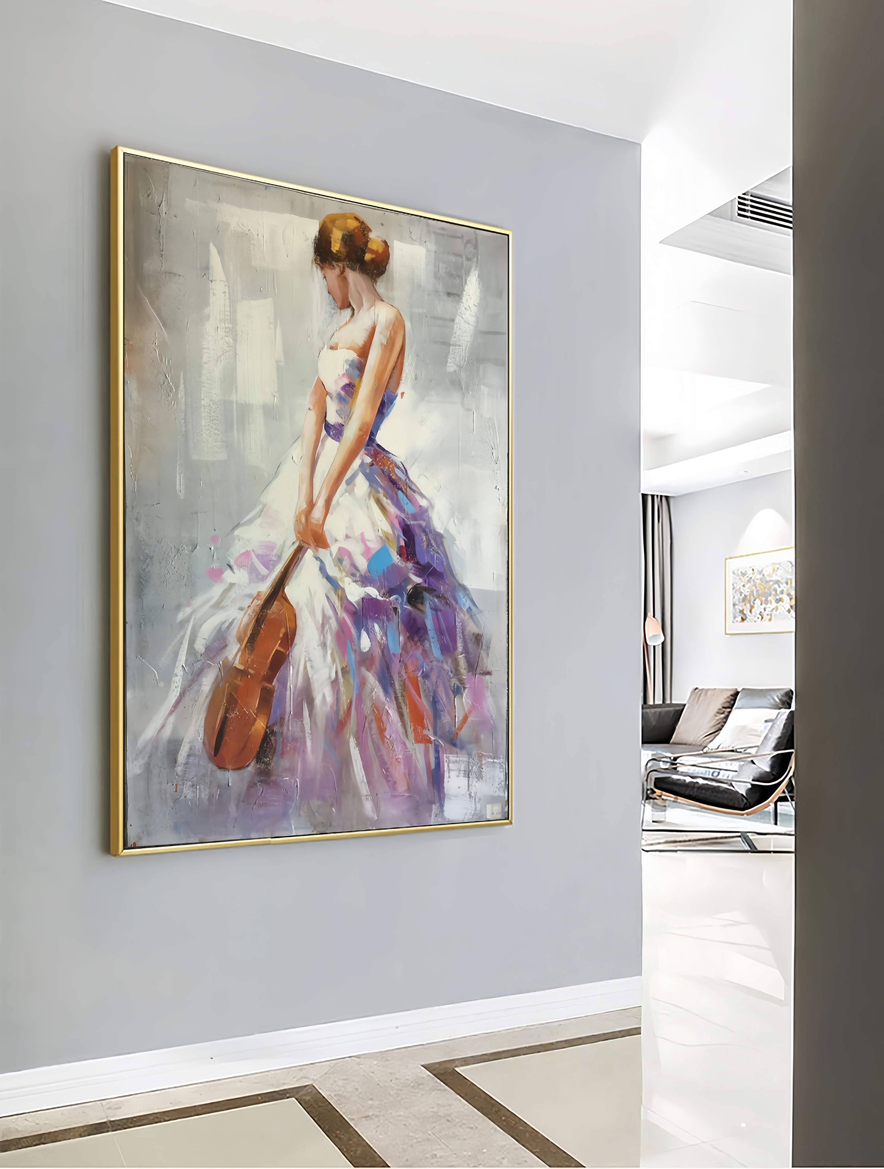 Elegy in Color - Textured Abstract Woman with Violin Painting Elegant Music Wall Art