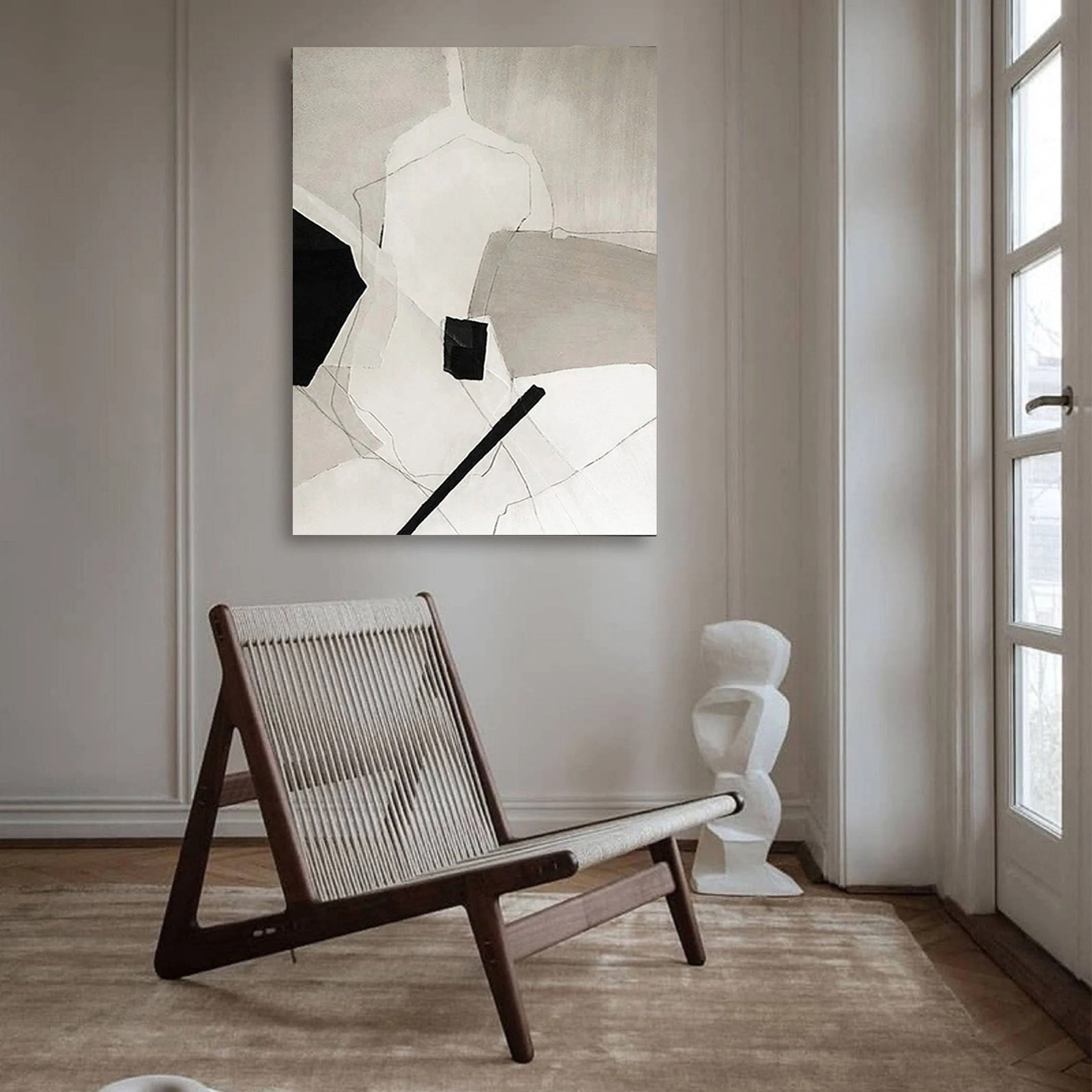 Fractured Silence - Minimalist Abstract Geometric Painting Black and White Wall Art