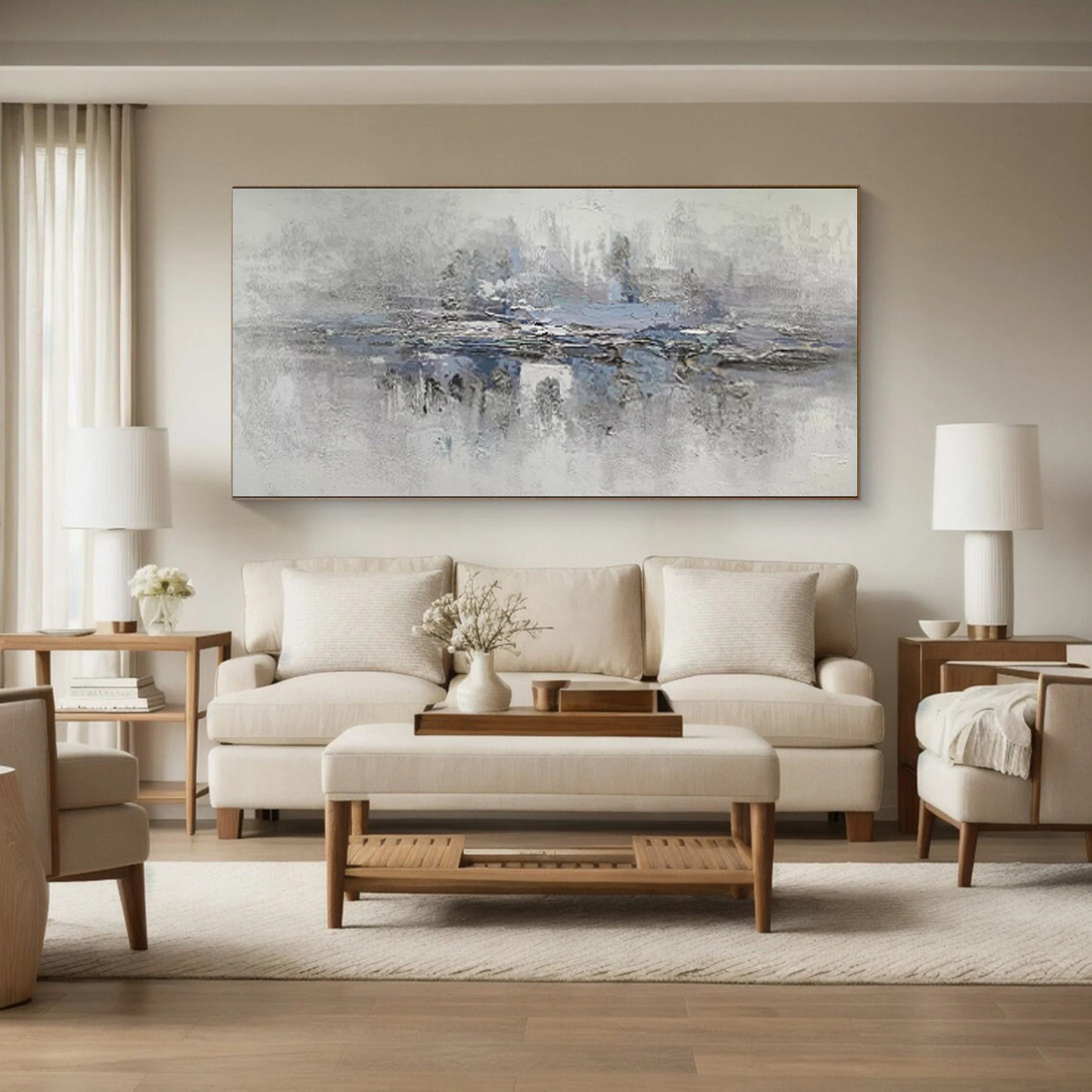 Echoes in Mist - Minimalist Abstract Blue Gray Painting Horizontal Modern Wall Art