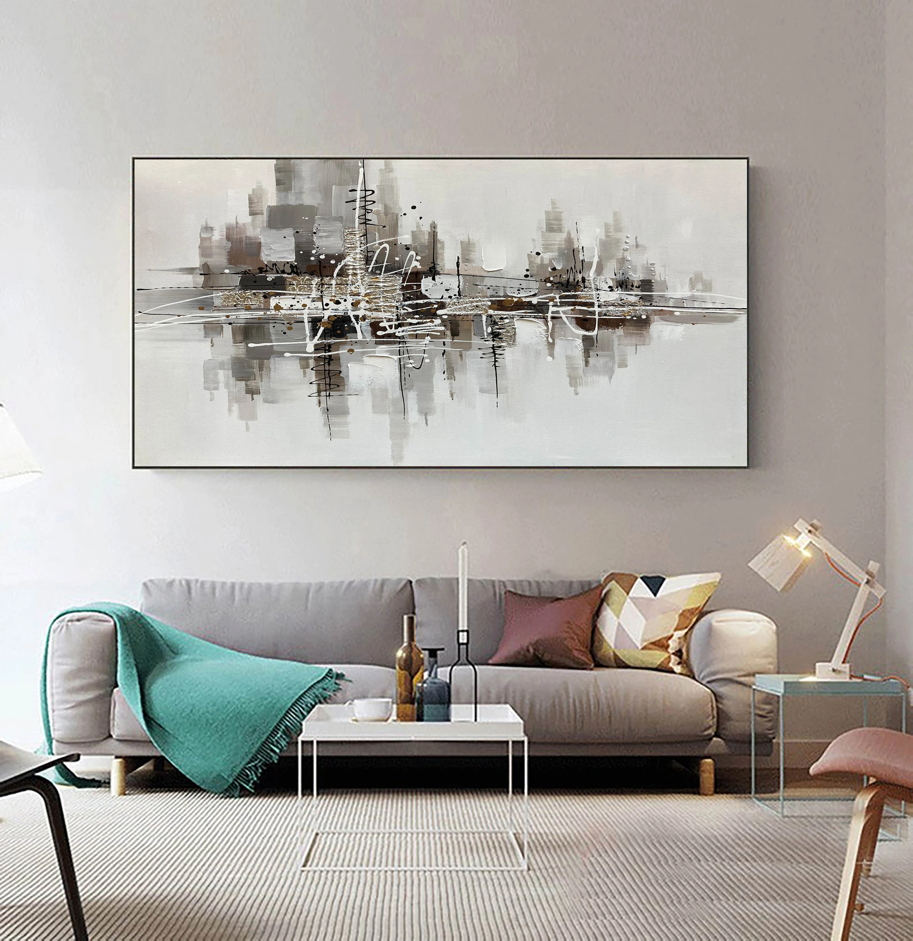 Urban Lines - Modern City Abstract Painting Neutral Horizontal Wall Art on Canvas