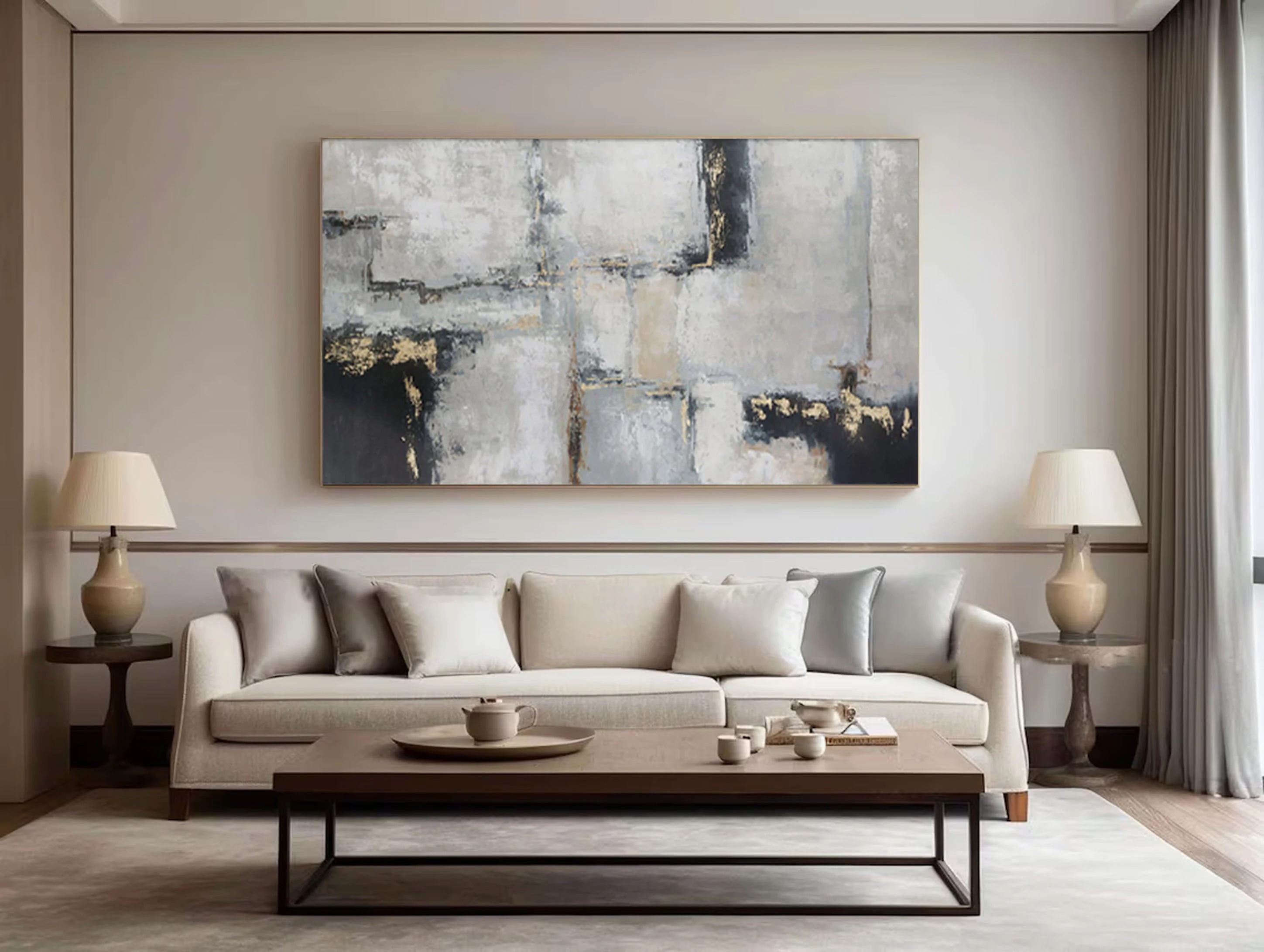 Structured Silence - Modern Black and Gold Abstract Painting Large Textured Wall Art